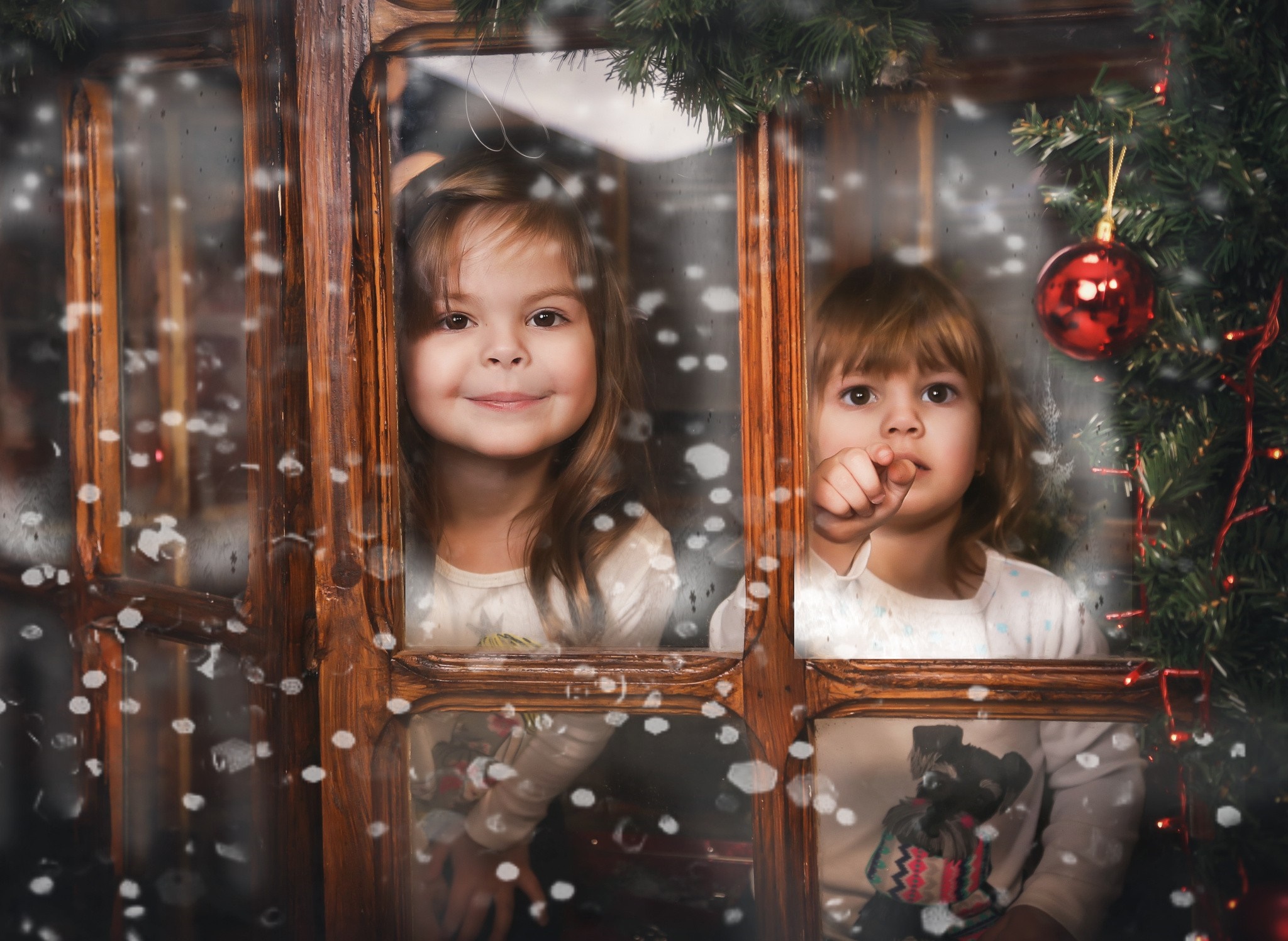 Two young girls looking out a window during winter HD Wallpaper