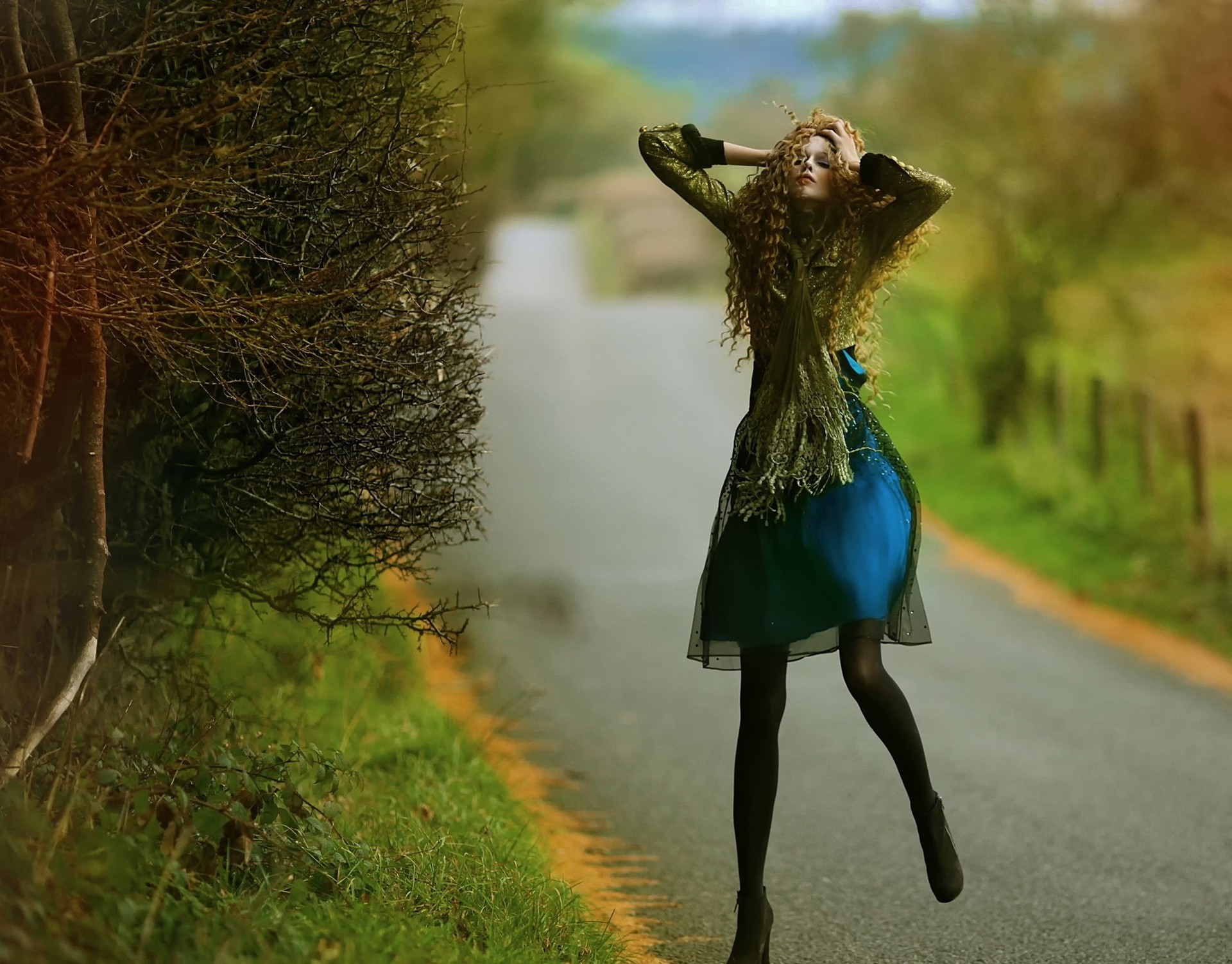 Woman in green and blue dress on a road HD Wallpaper