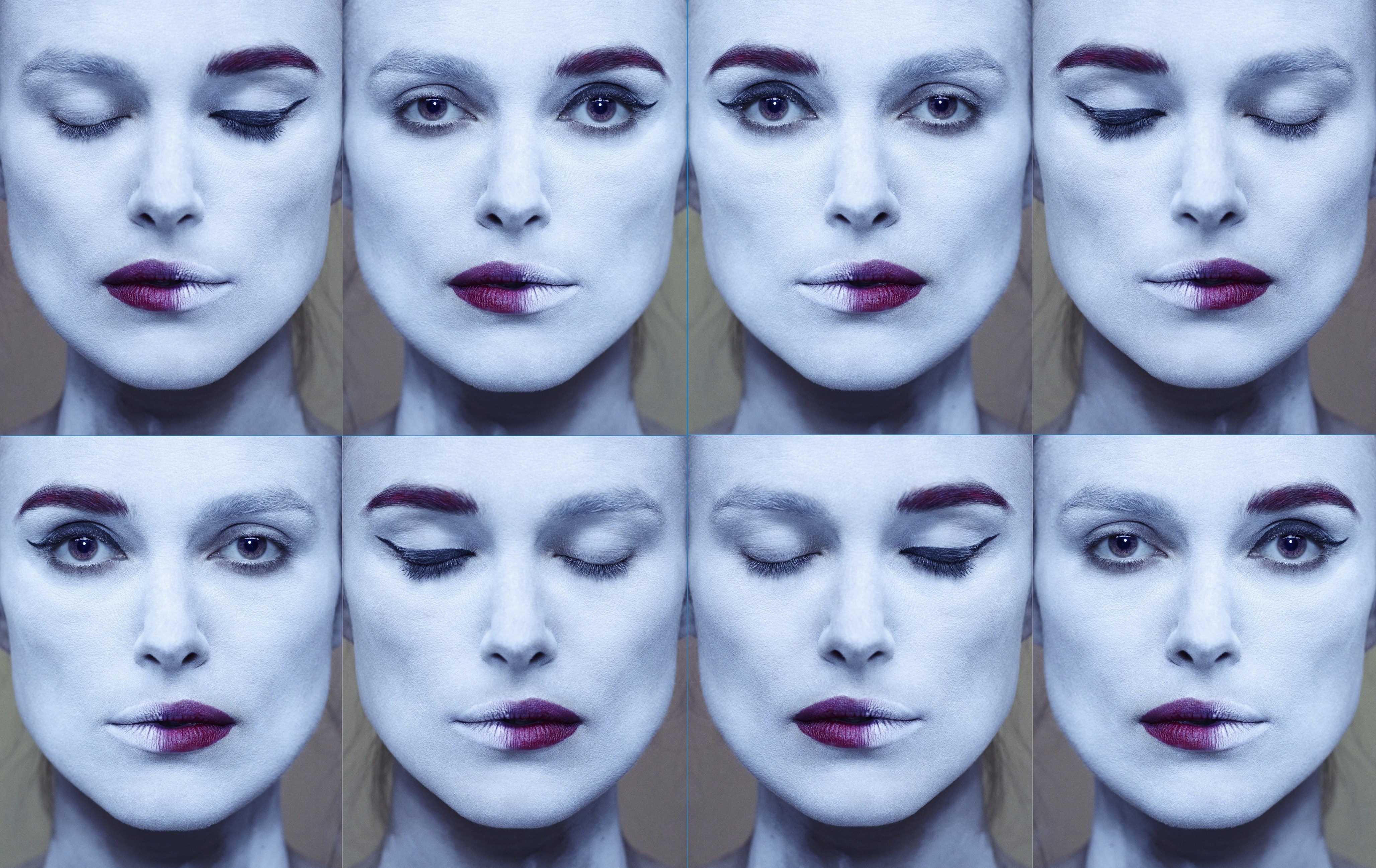 Collage of Keira Knightley's face with split makeup HD Wallpaper