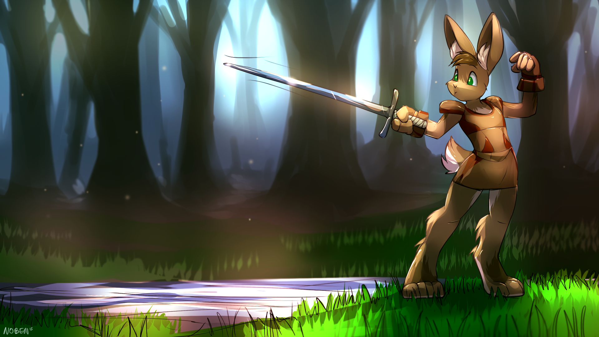 Anthropomorphic rabbit warrior with sword in forest HD Wallpaper