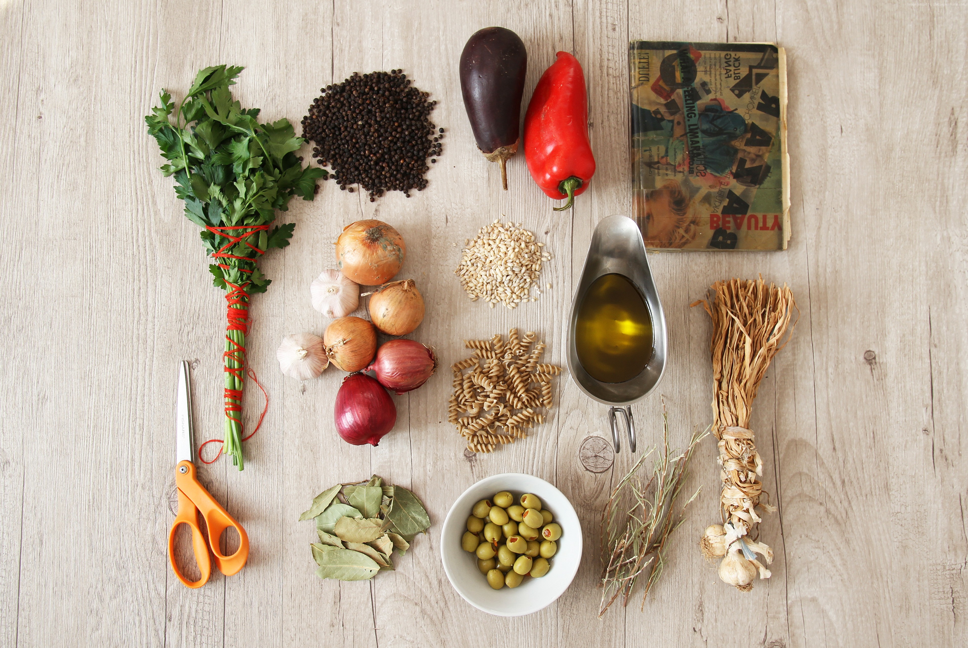 Ingredients for cooking on a wooden table HD Wallpaper