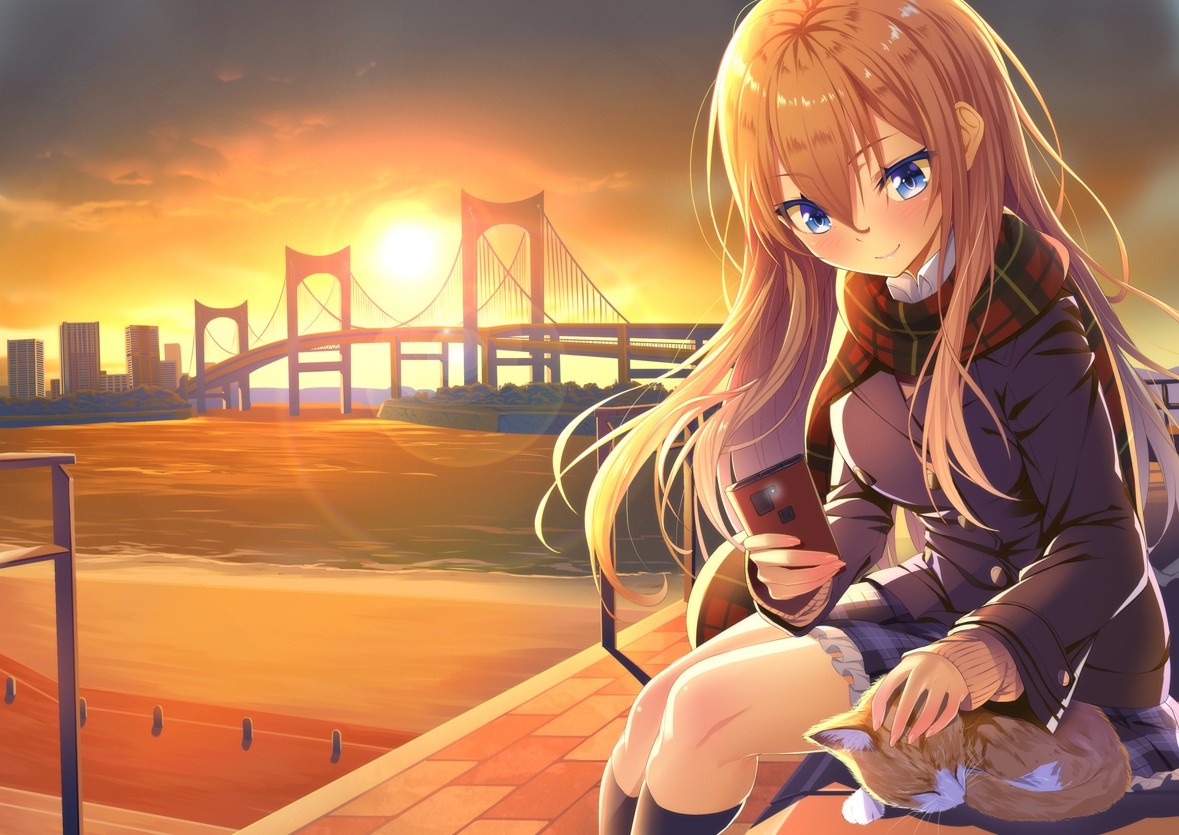 Anime girl with cat at sunset by the bridge HD Wallpaper