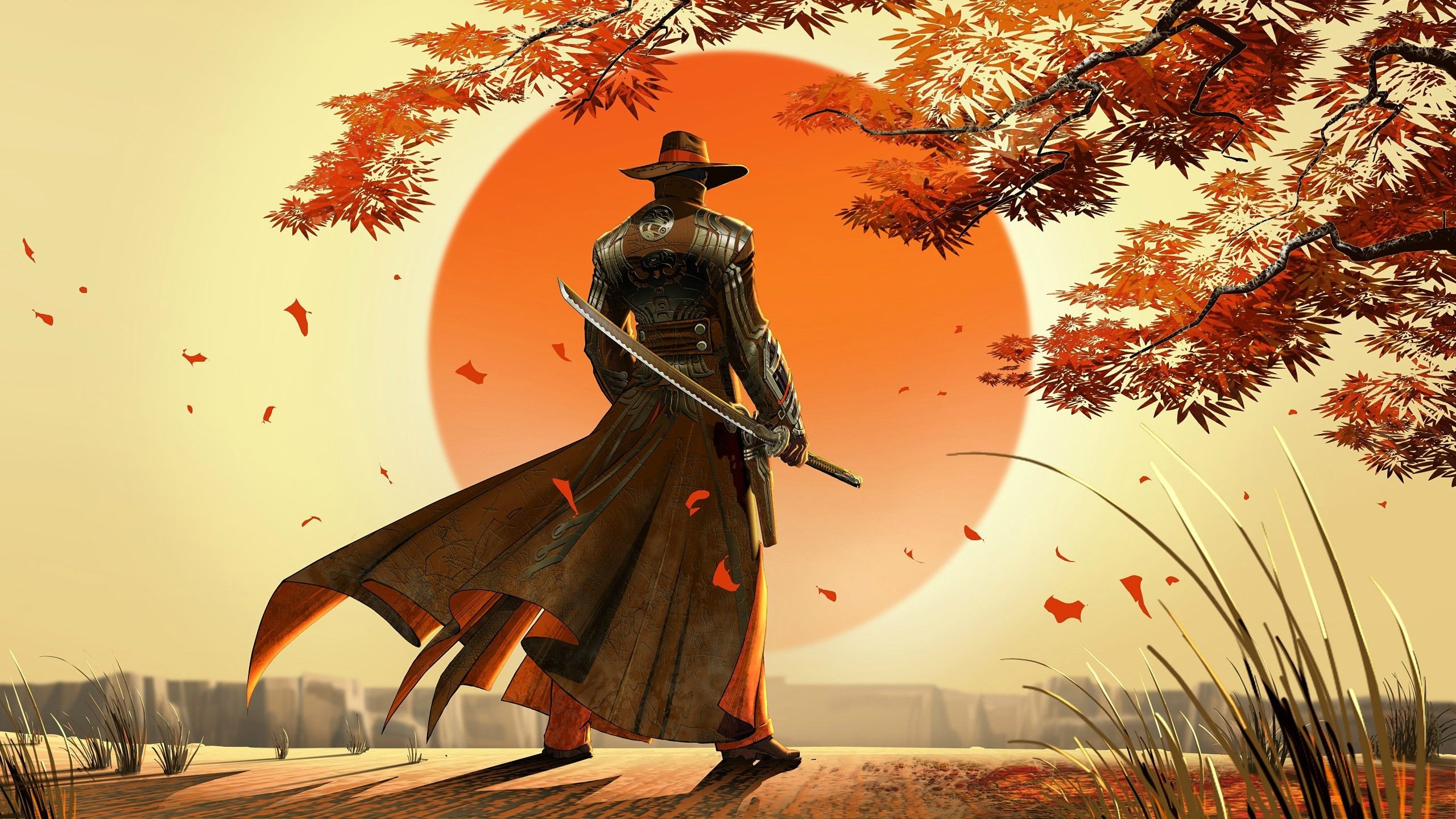 Samurai warrior with katana under autumn tree and sun HD Wallpaper