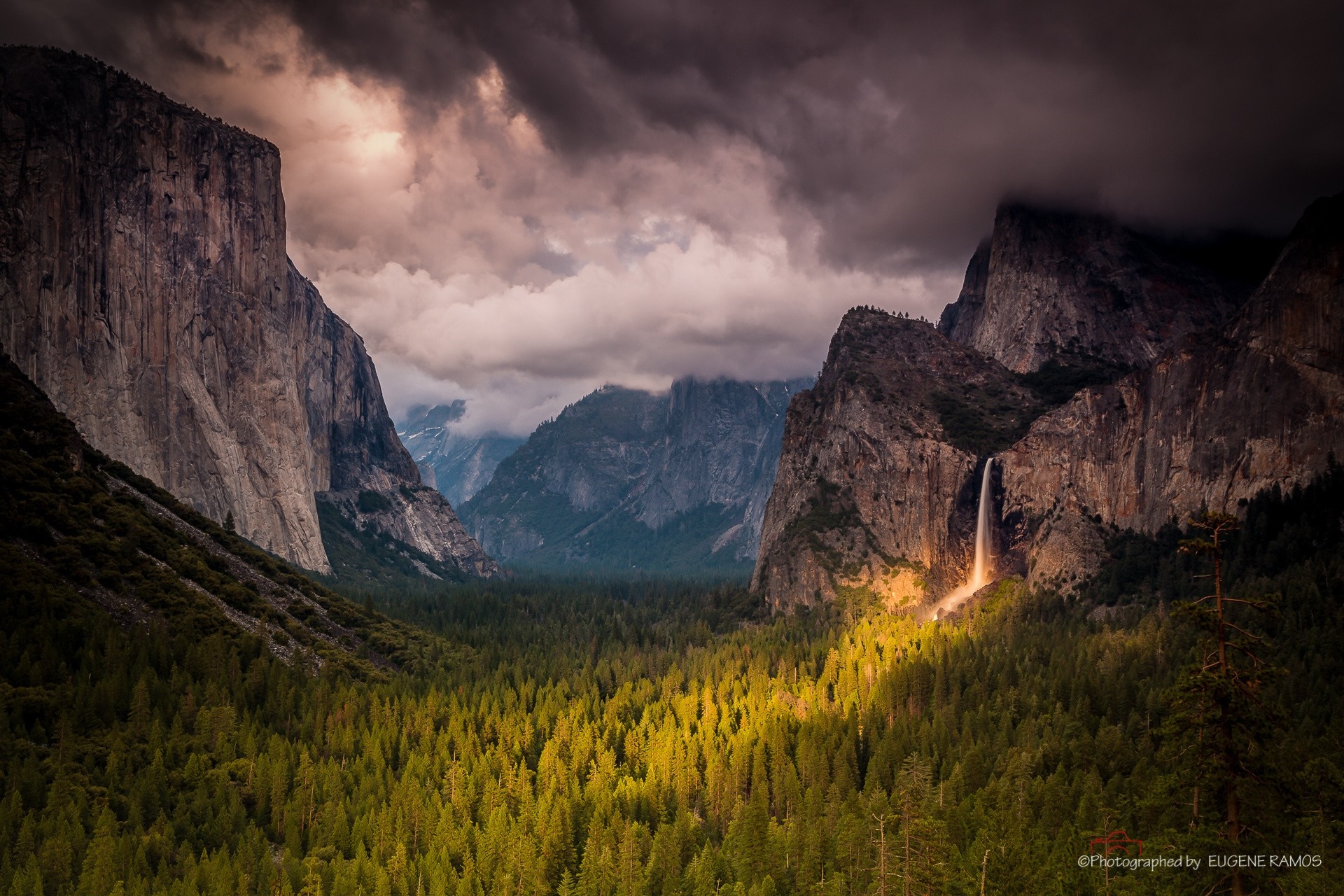 Yosemite Valley with Waterfall and Stormy Clouds HD Wallpaper