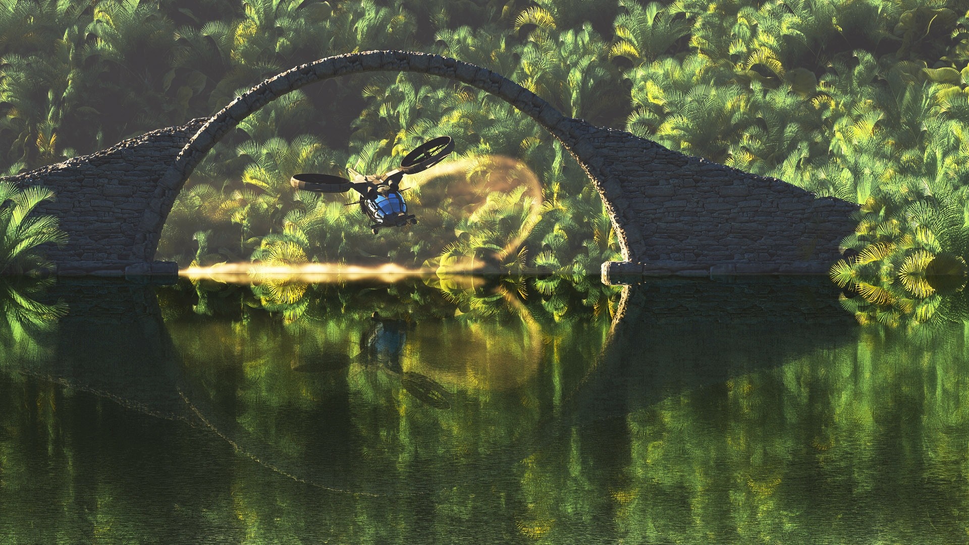 Flying vehicle under stone bridge in jungle with reflection HD Wallpaper