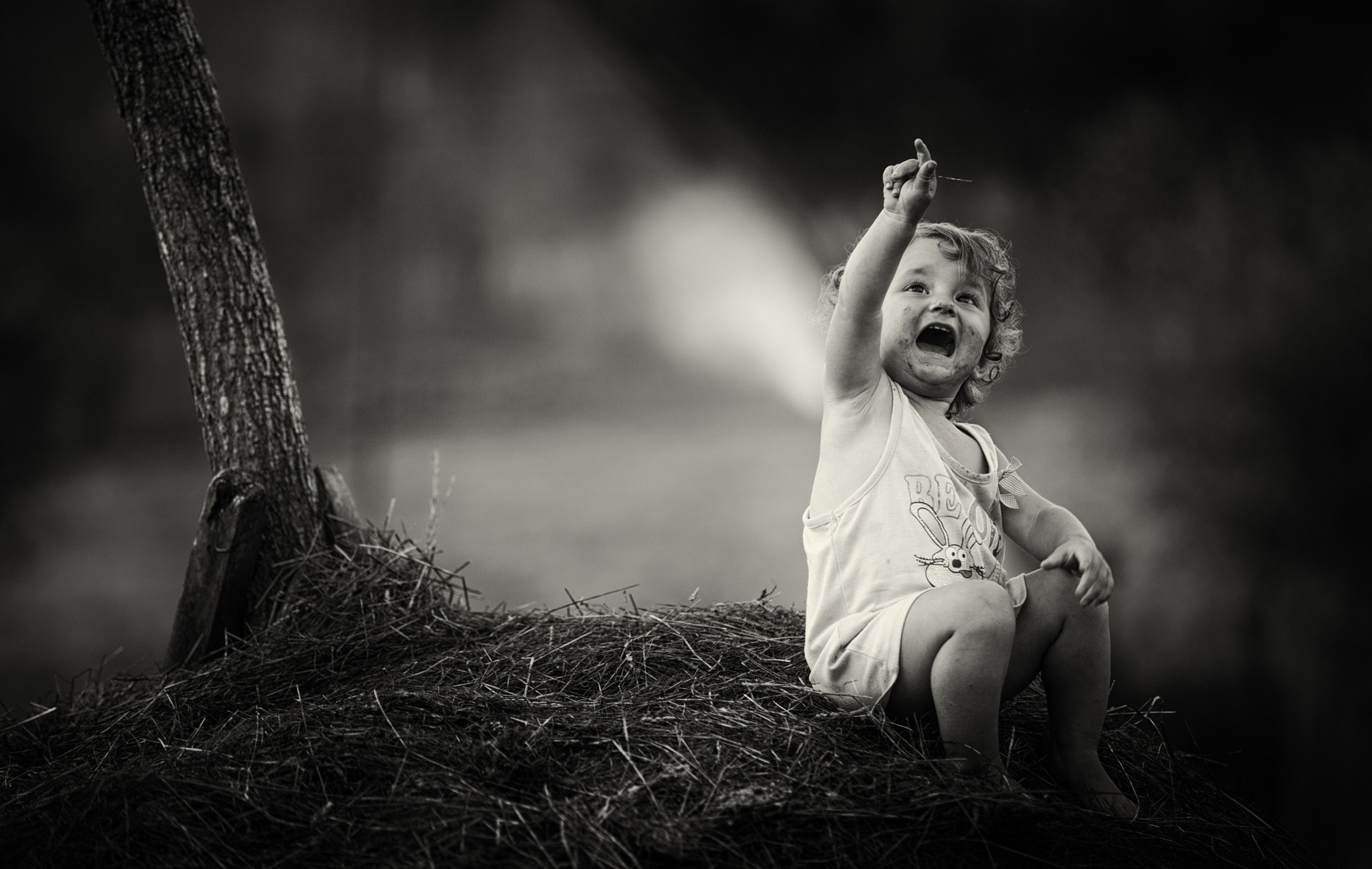 Child sitting on hay with stick HD Wallpaper