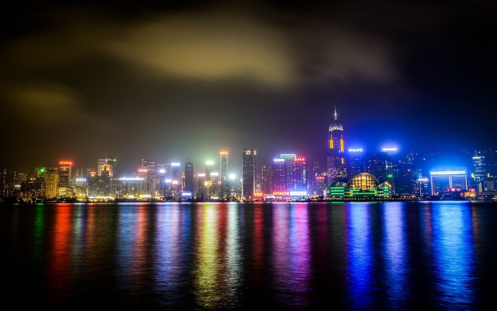 Hong Kong cityscape at night with reflections HD Wallpaper