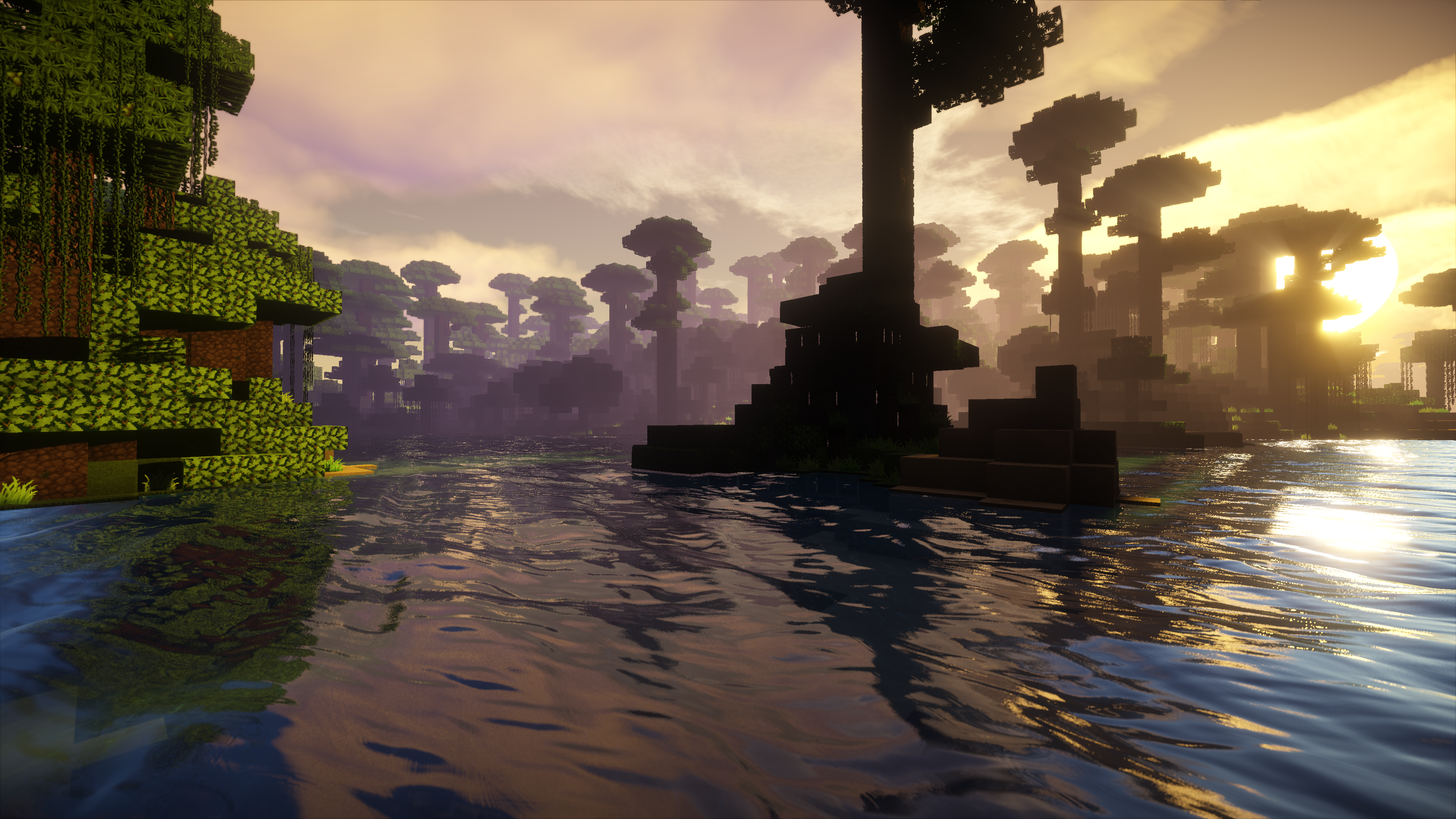 Minecraft swamp at sunset with reflections HD Wallpaper
