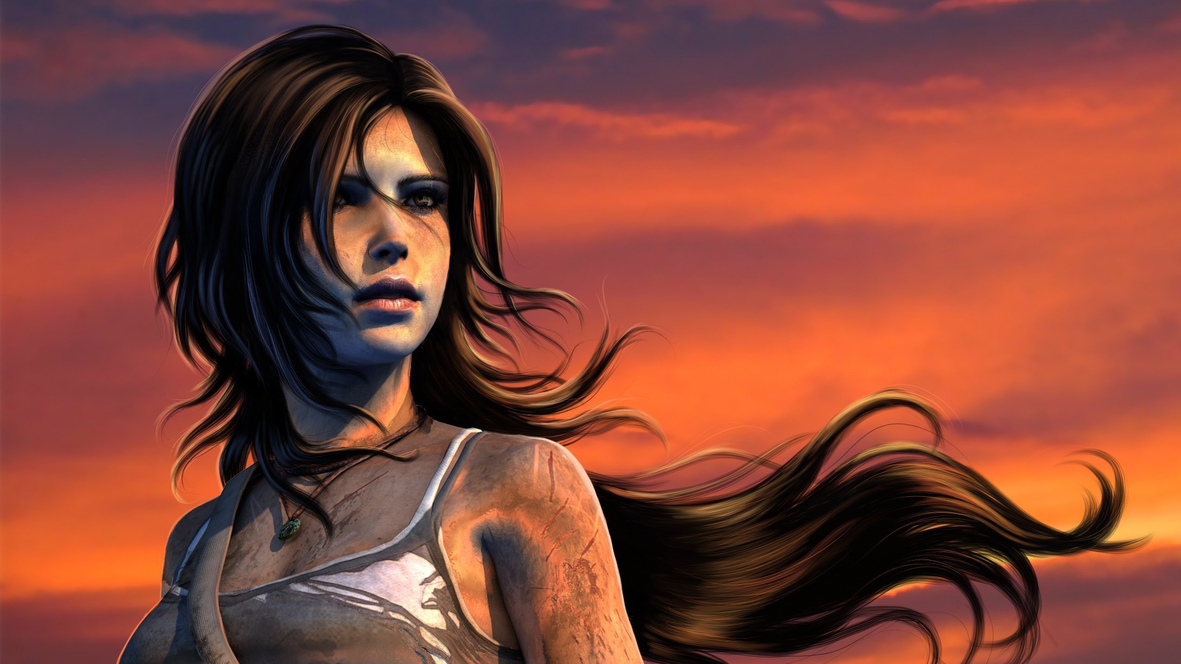 Lara Croft in front of a sunset HD Wallpaper