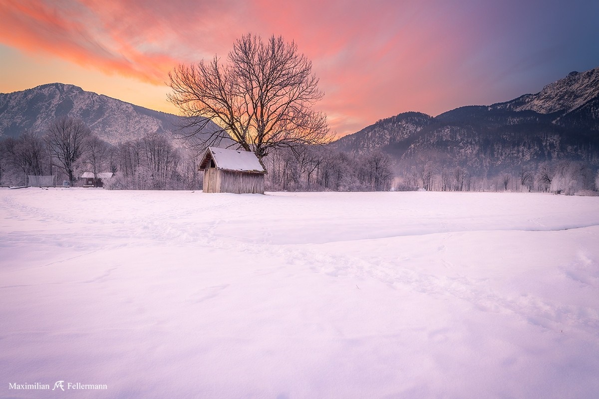 Winter sunrise over snowy mountains with a small cabin HD Wallpaper