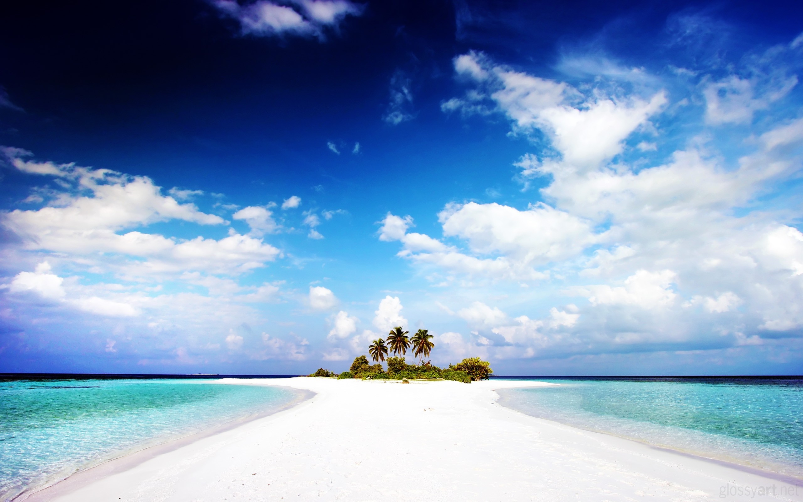 Tropical island with palm trees in a turquoise lagoon HD Wallpaper