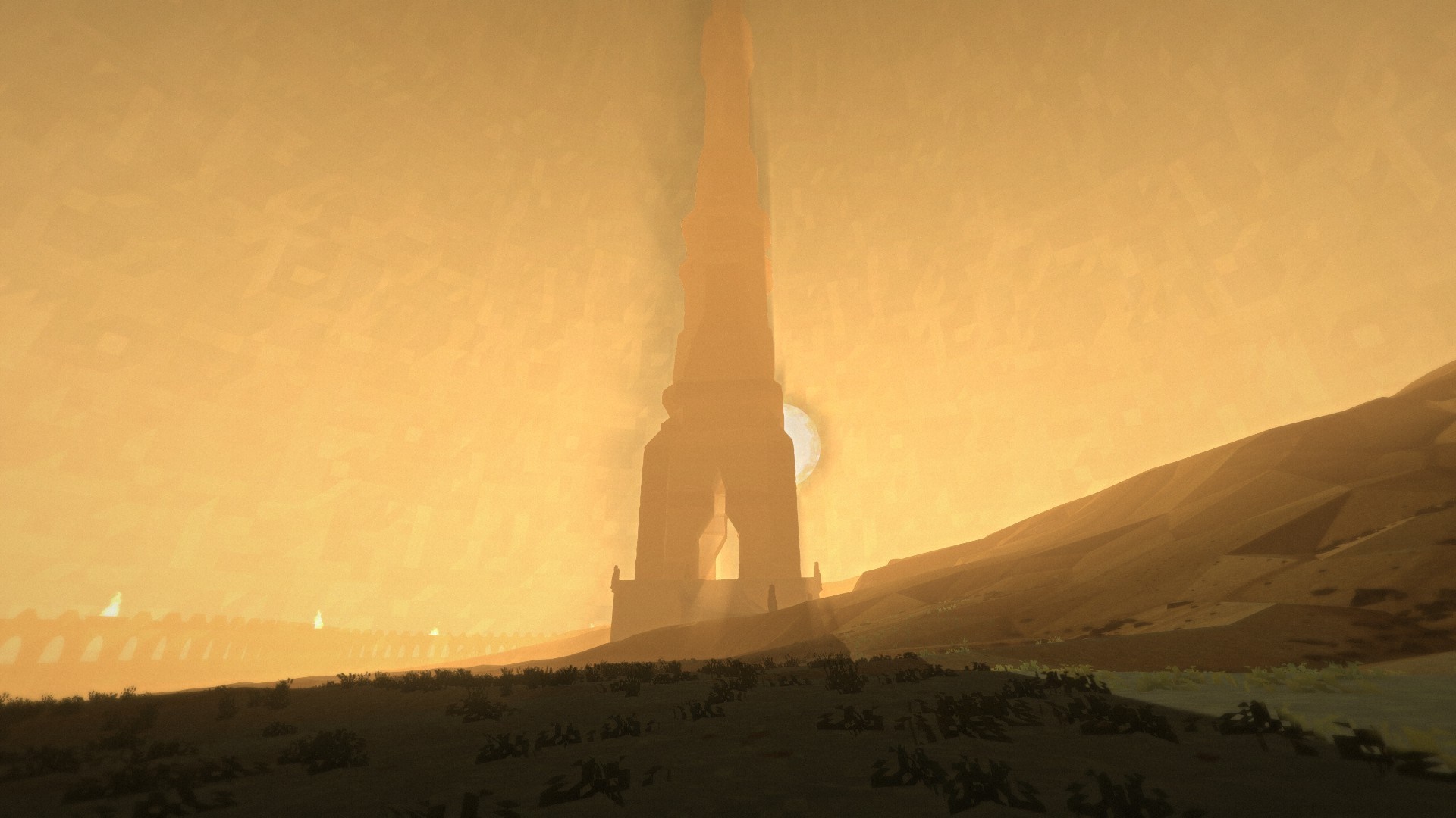Tower in a desert landscape at sunrise HD Wallpaper