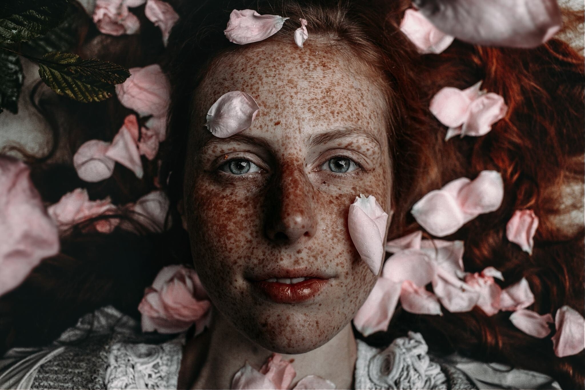 Woman with freckles and pink flower petals HD Wallpaper