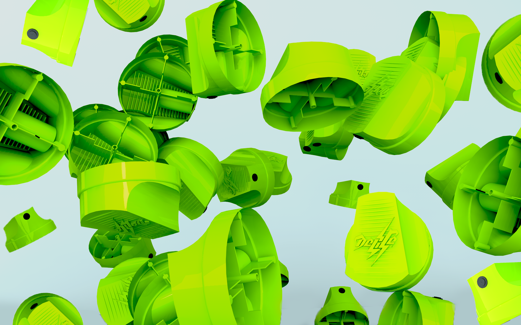Scattered green spray paint caps with 'DELICE' logo HD Wallpaper