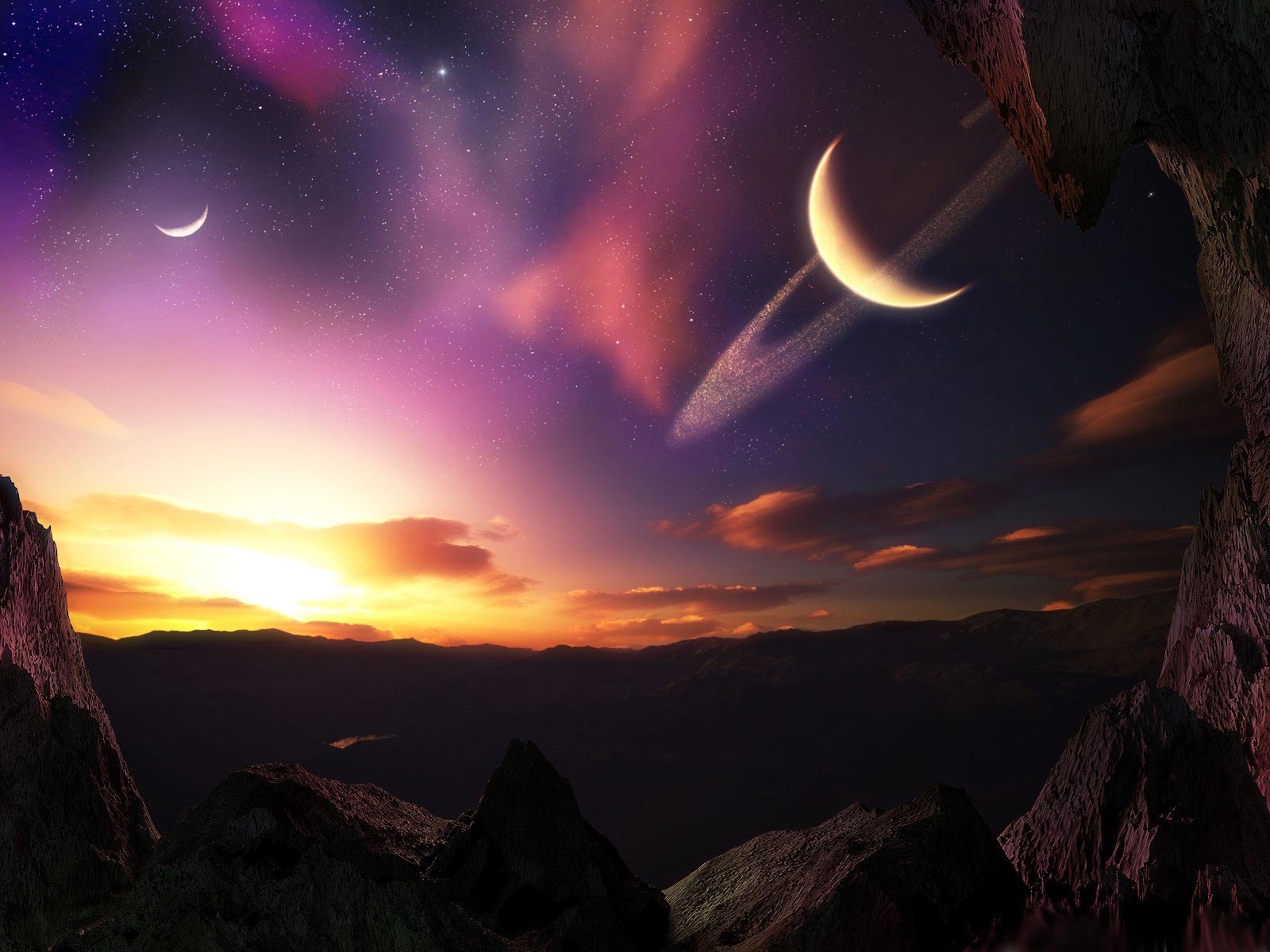 Alien planet landscape with ringed planet and moons at sunset HD Wallpaper