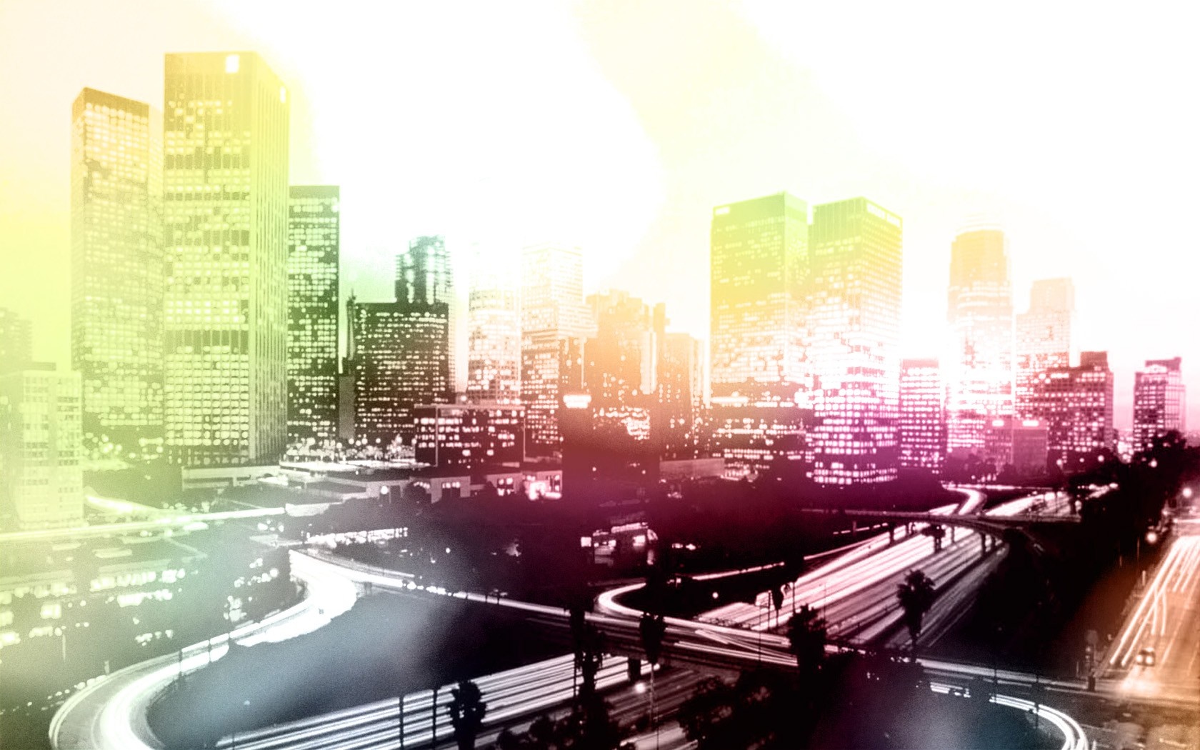 Colorful cityscape with skyscrapers and light trails HD Wallpaper