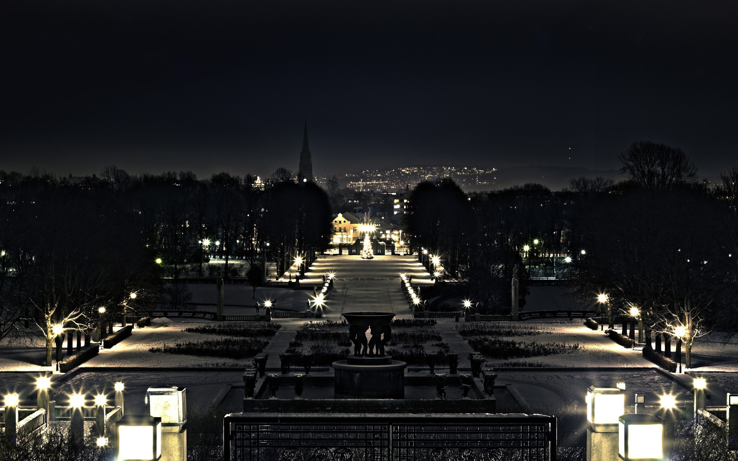 Cityscape at night with park and lights HD Wallpaper