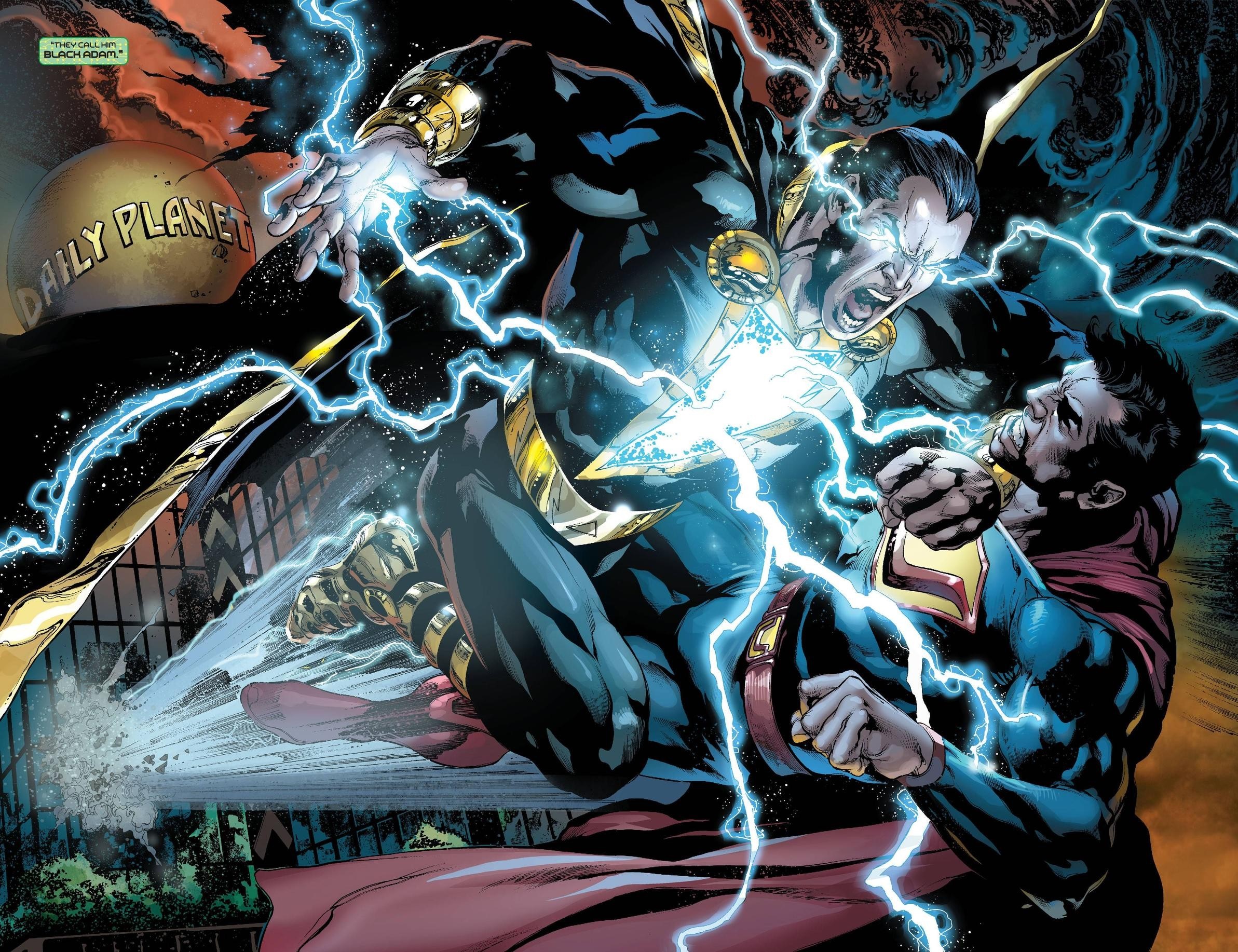 Black Adam fighting Superman in front of the Daily Planet HD Wallpaper