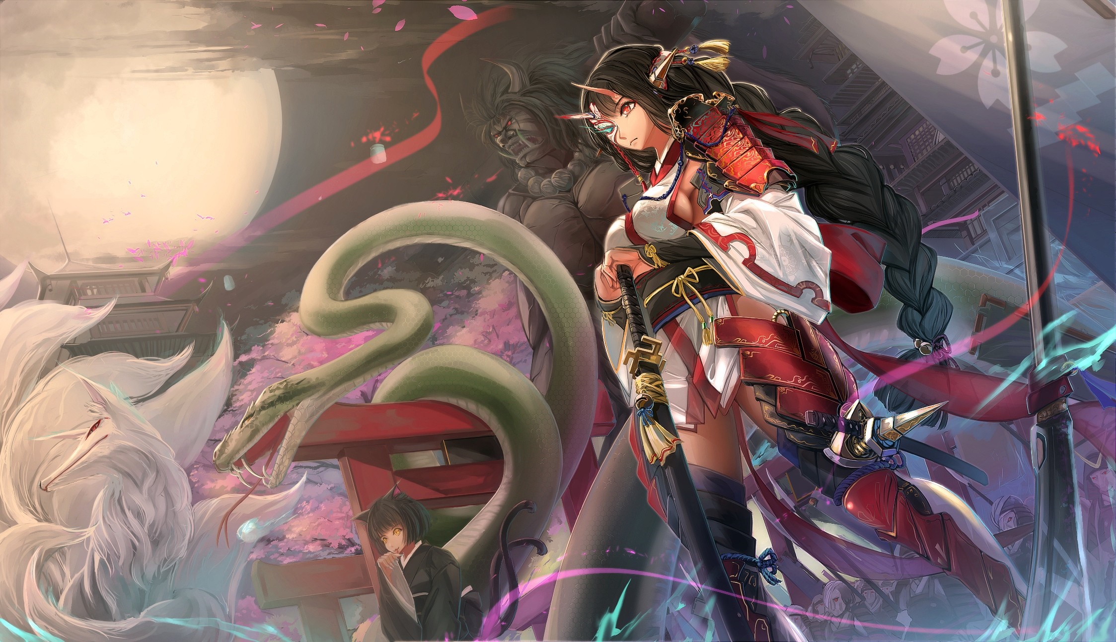 Anime girl with snake, fox, and samurai armor HD Wallpaper