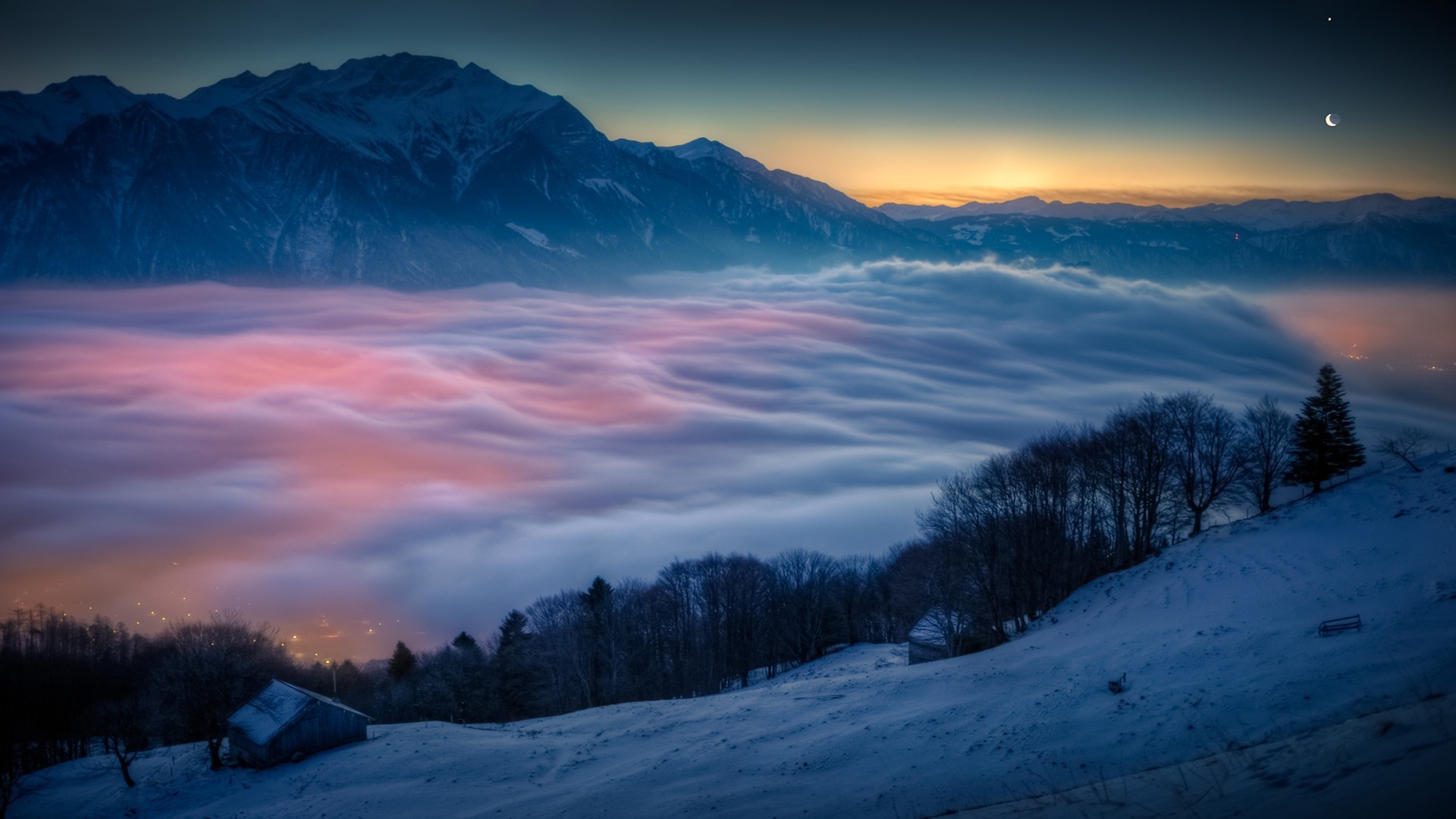Winter mountain landscape with clouds at sunrise HD Wallpaper