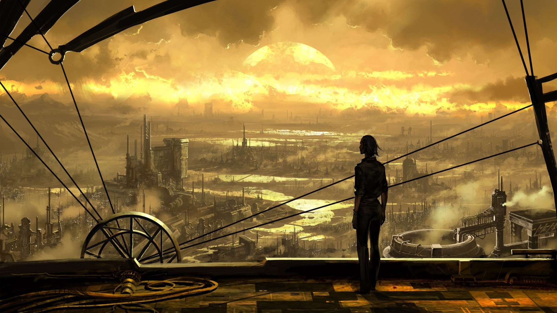 Steampunk city with a person looking at the sun HD Wallpaper