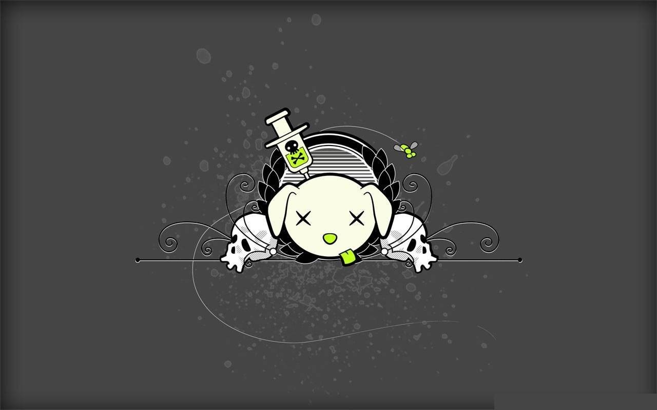 Cartoon dog with syringe and skulls illustration HD Wallpaper