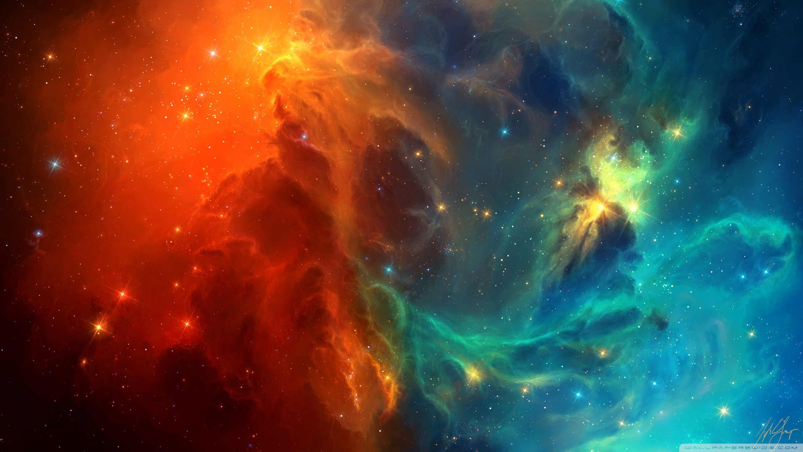 Red and blue nebula with stars in outer space HD Wallpaper