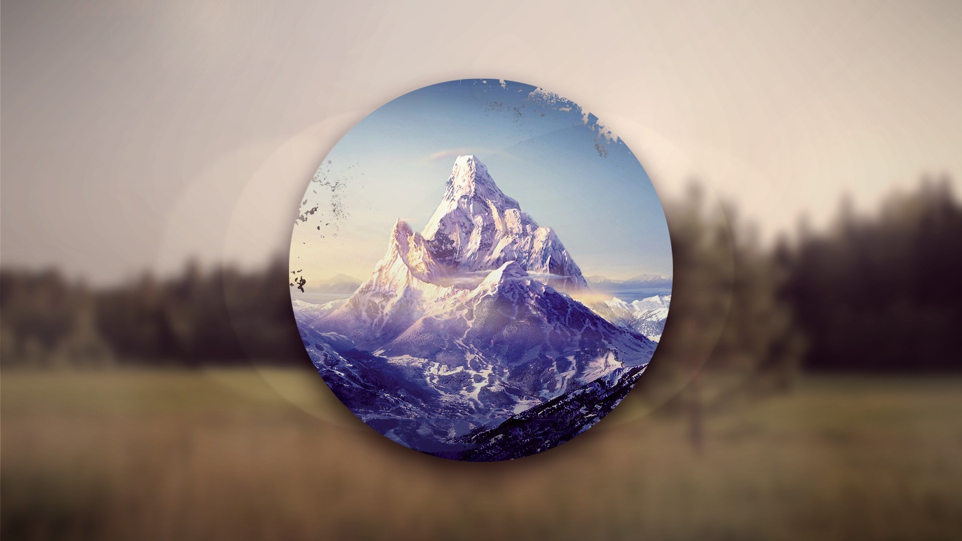 Snow-capped mountains in a circular frame HD Wallpaper