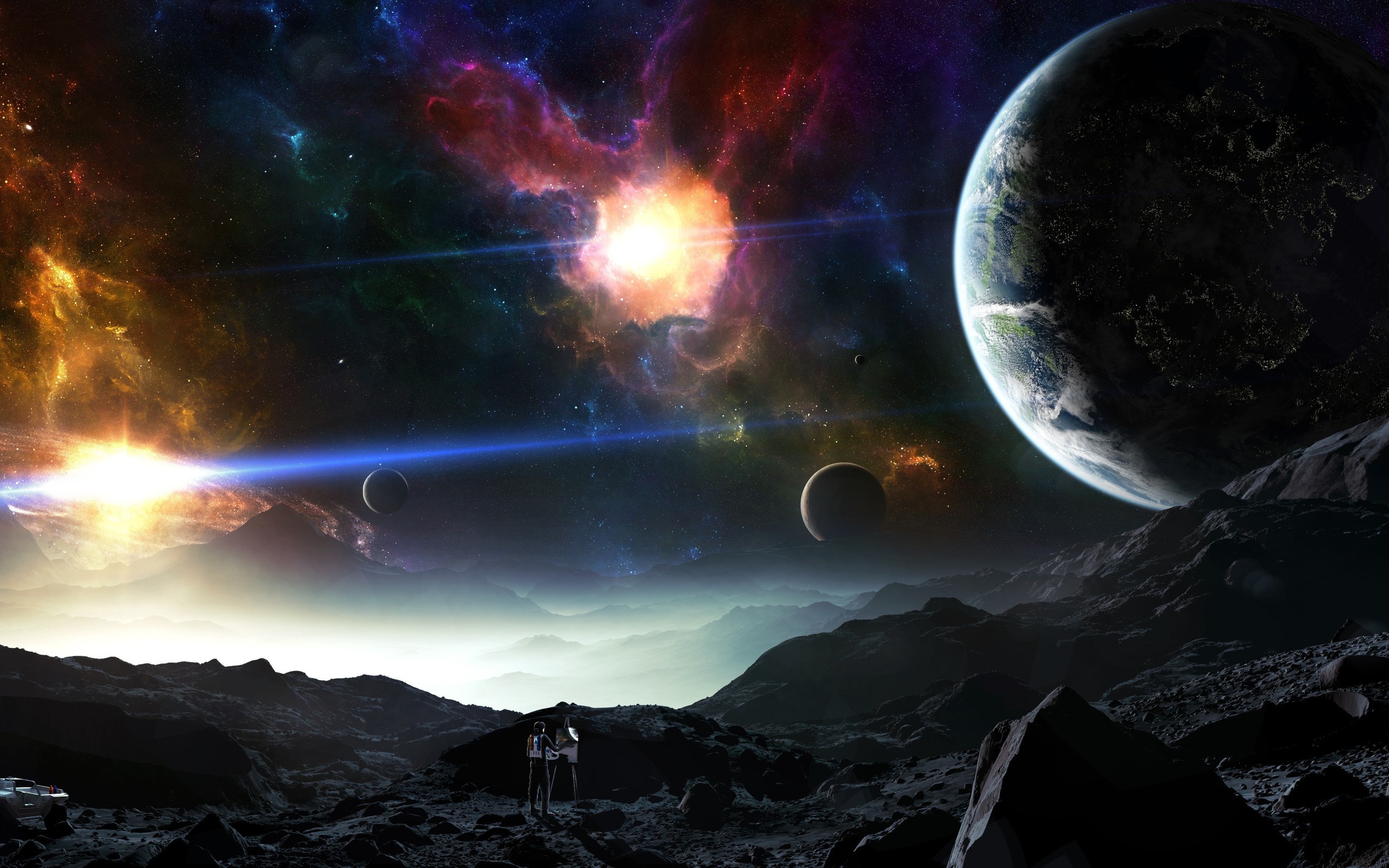 Two astronauts on a rocky planet with a nebula and planets in the background HD Wallpaper