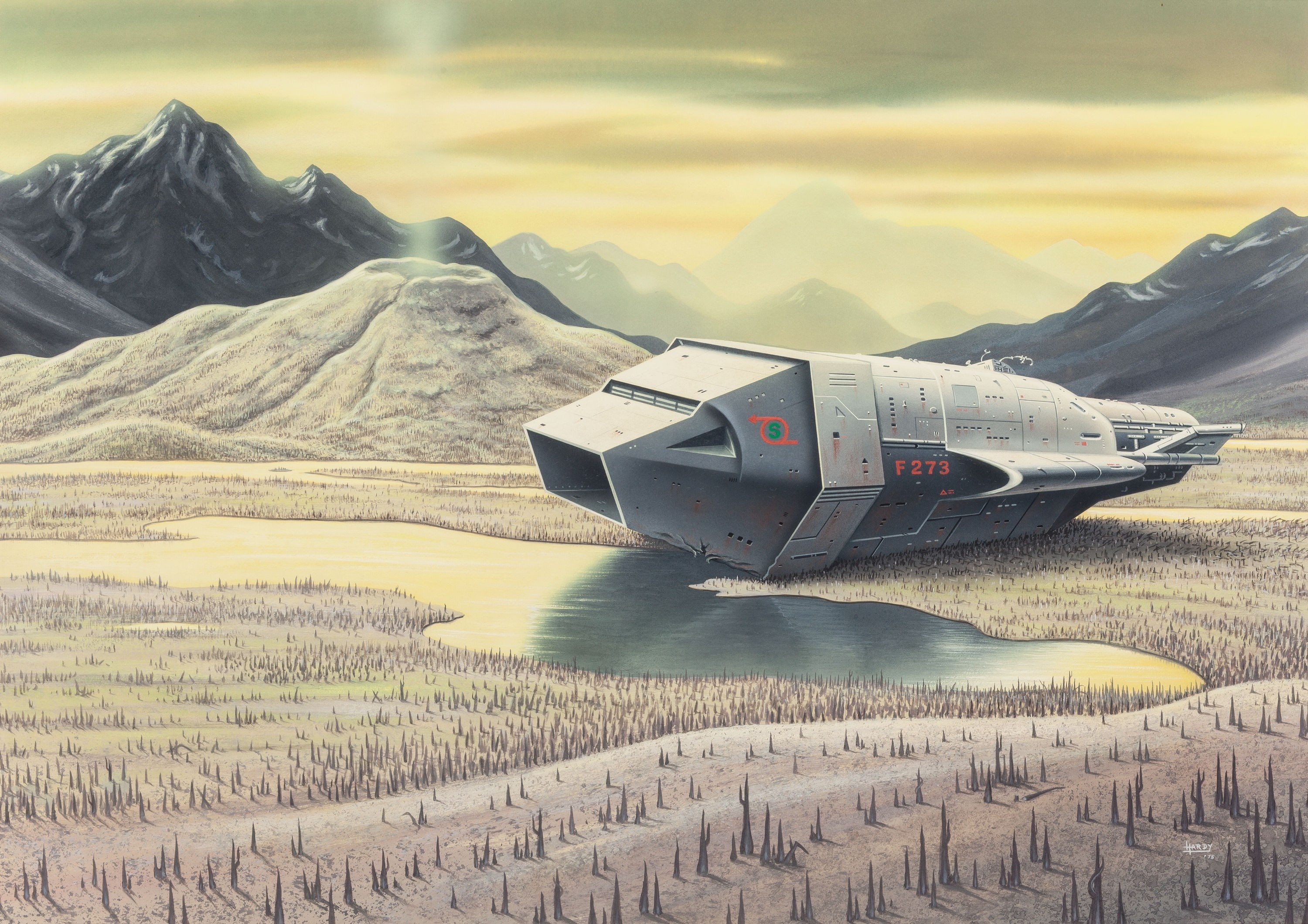 Spaceship landing on an alien planet with mountains HD Wallpaper