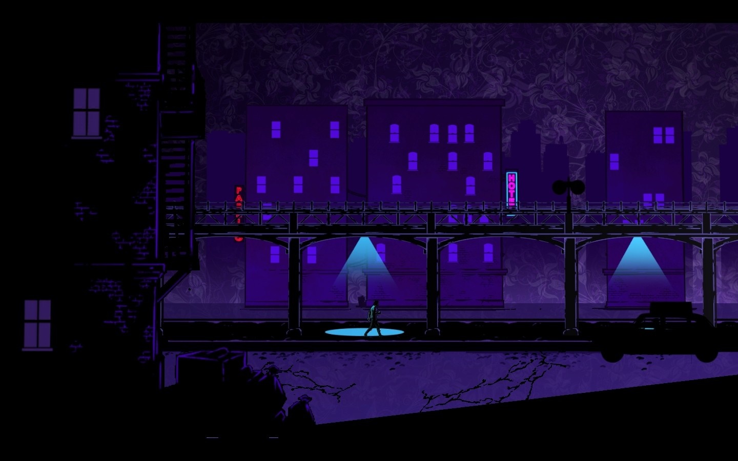 A lone figure walks under a bridge at night HD Wallpaper