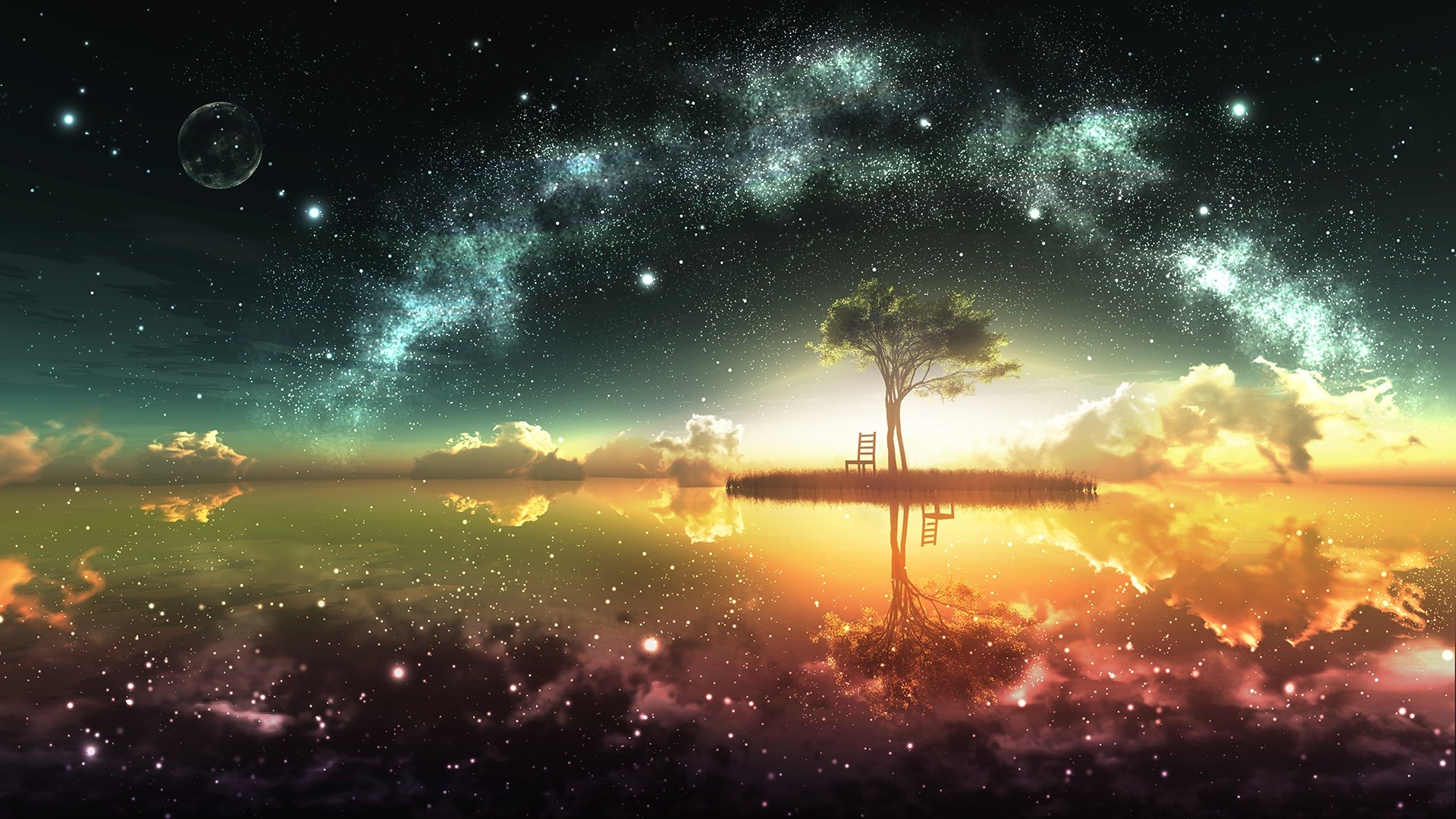 Fantasy landscape with tree and galaxy reflection HD Wallpaper