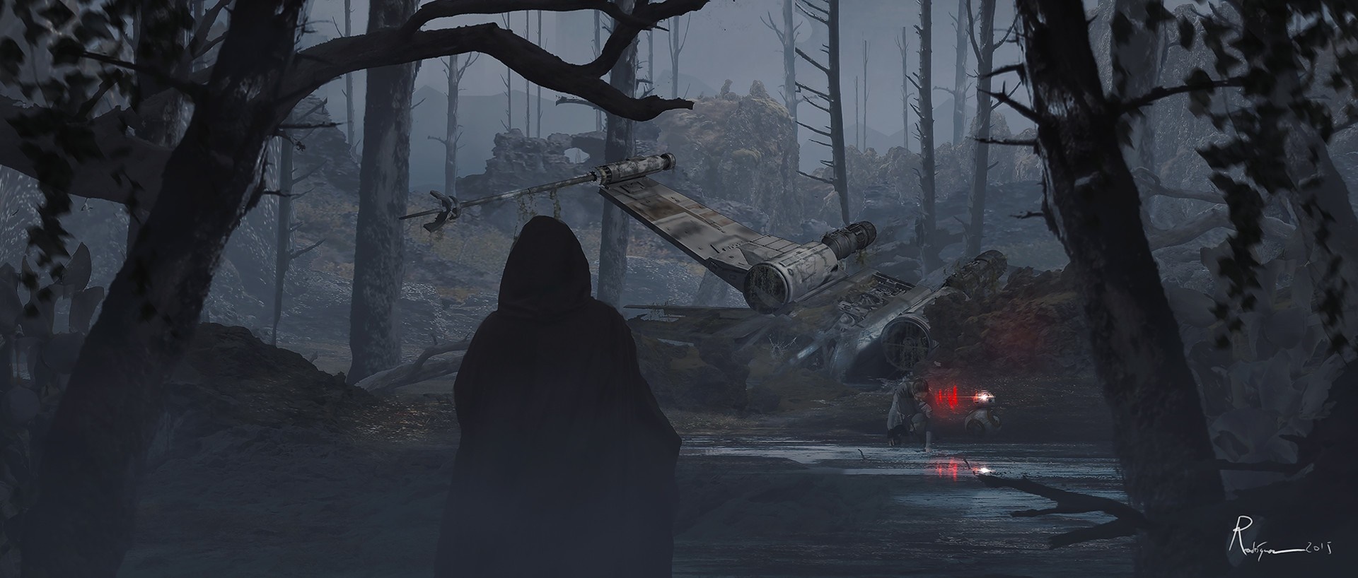 Star Wars: The Force Awakens X-wing crash site with hooded figure HD Wallpaper