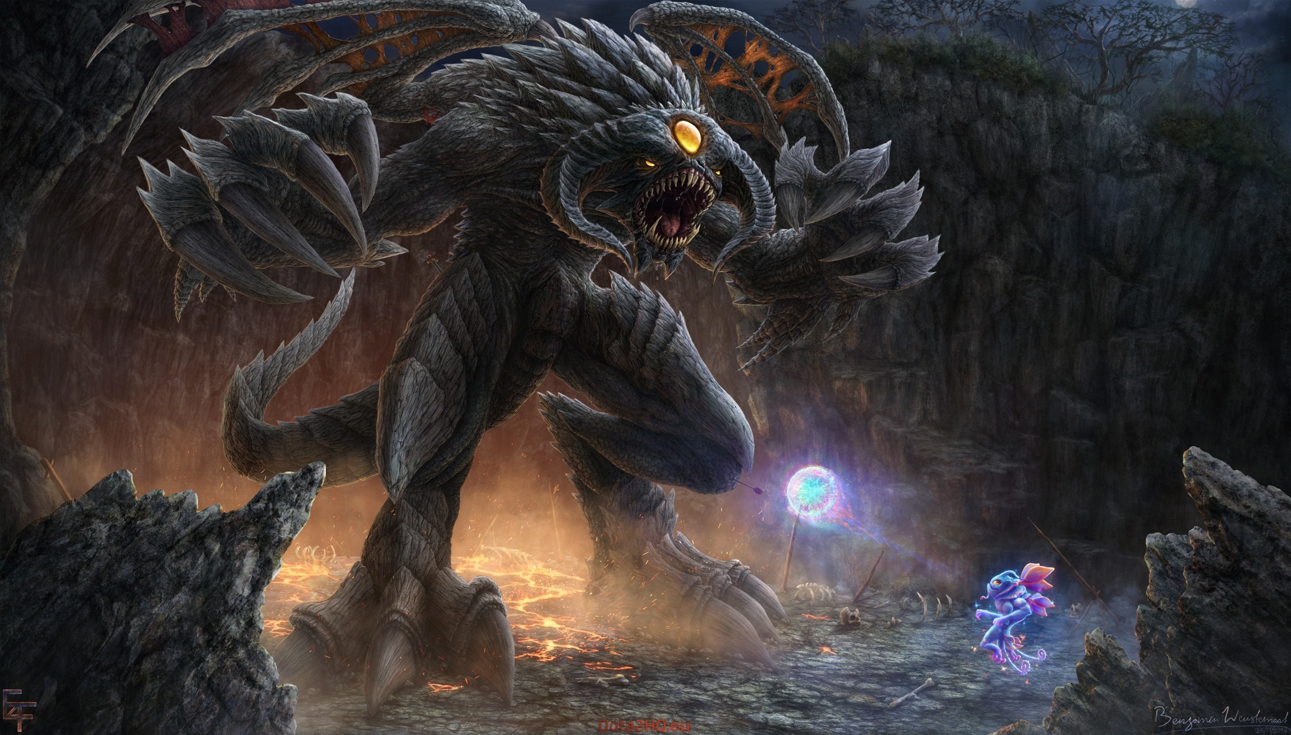 Roshan from Dota 2 fighting a small creature HD Wallpaper