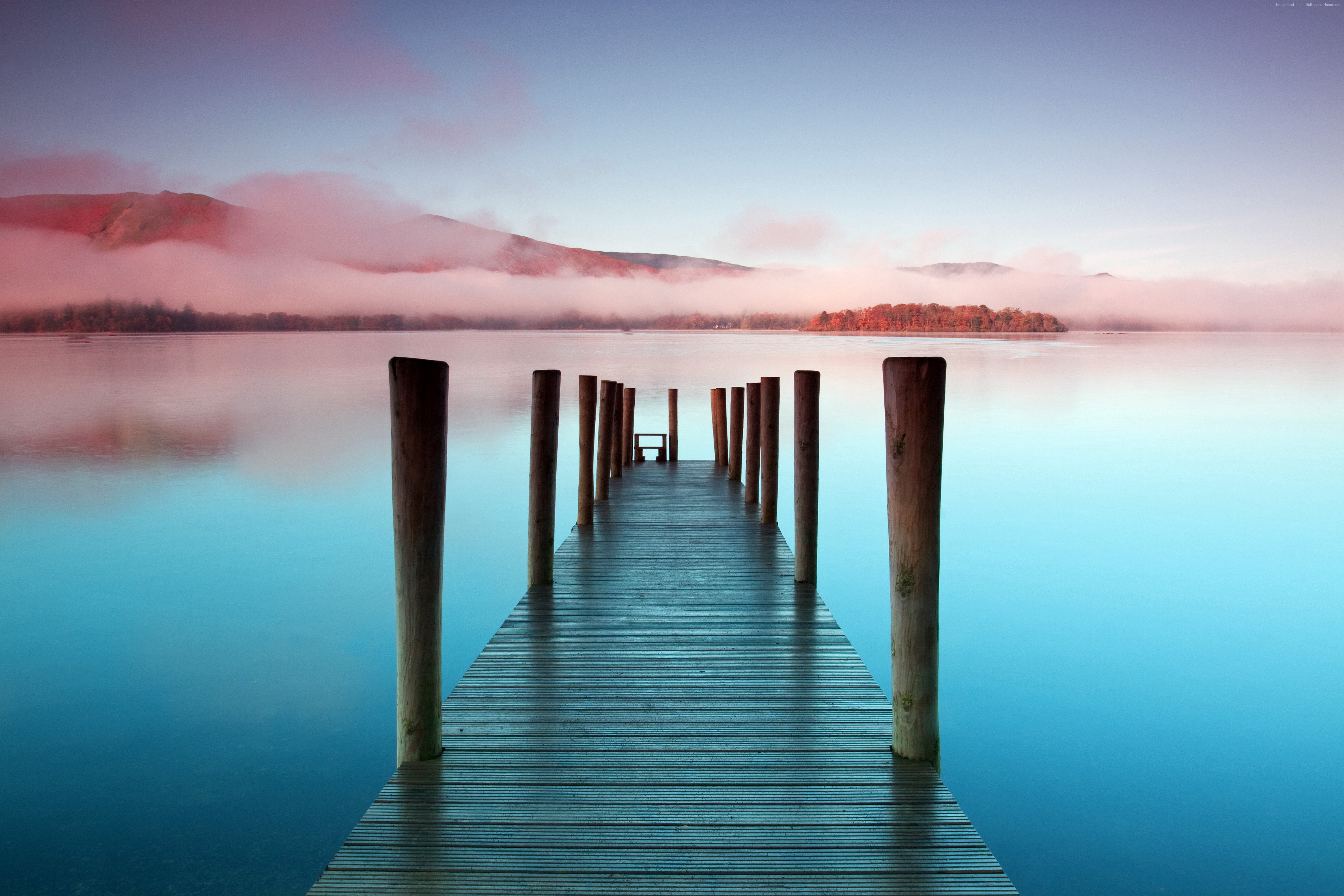 Wooden pier on a misty lake at sunrise HD Wallpaper