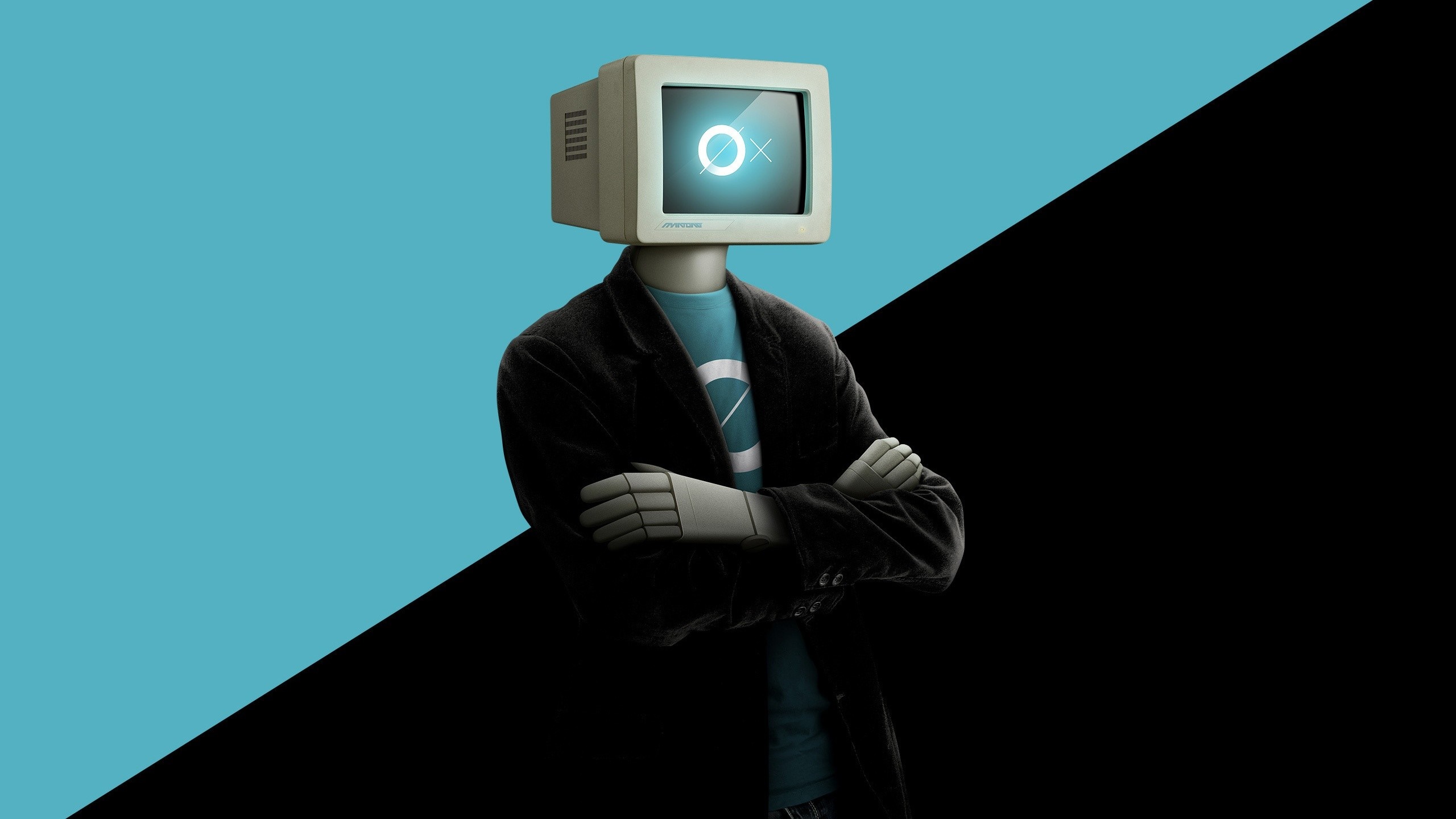 Humanoid with computer monitor head and "OX" logo HD Wallpaper