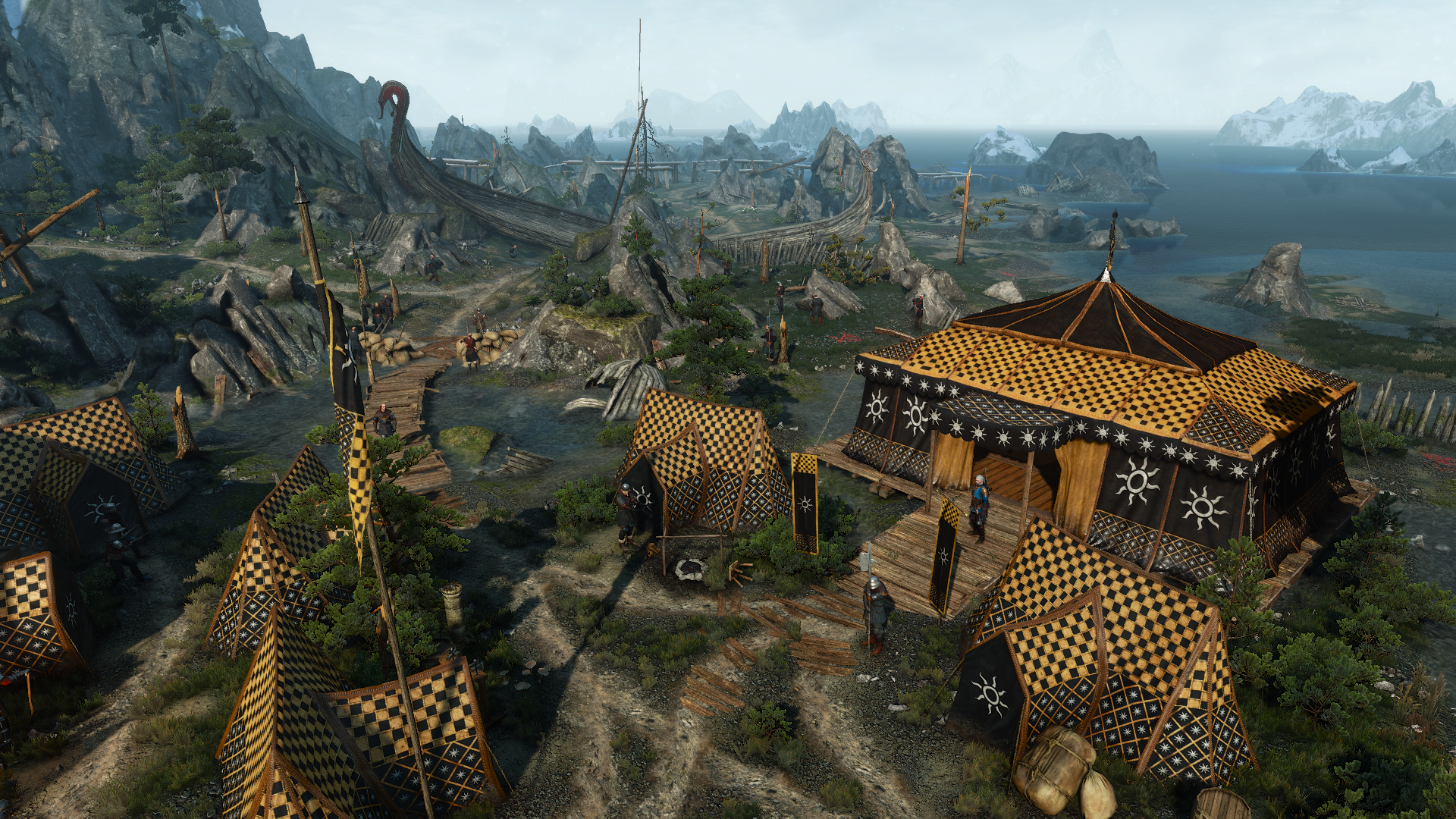 The Witcher 3: Wild Hunt encampment with Viking ships HD Wallpaper