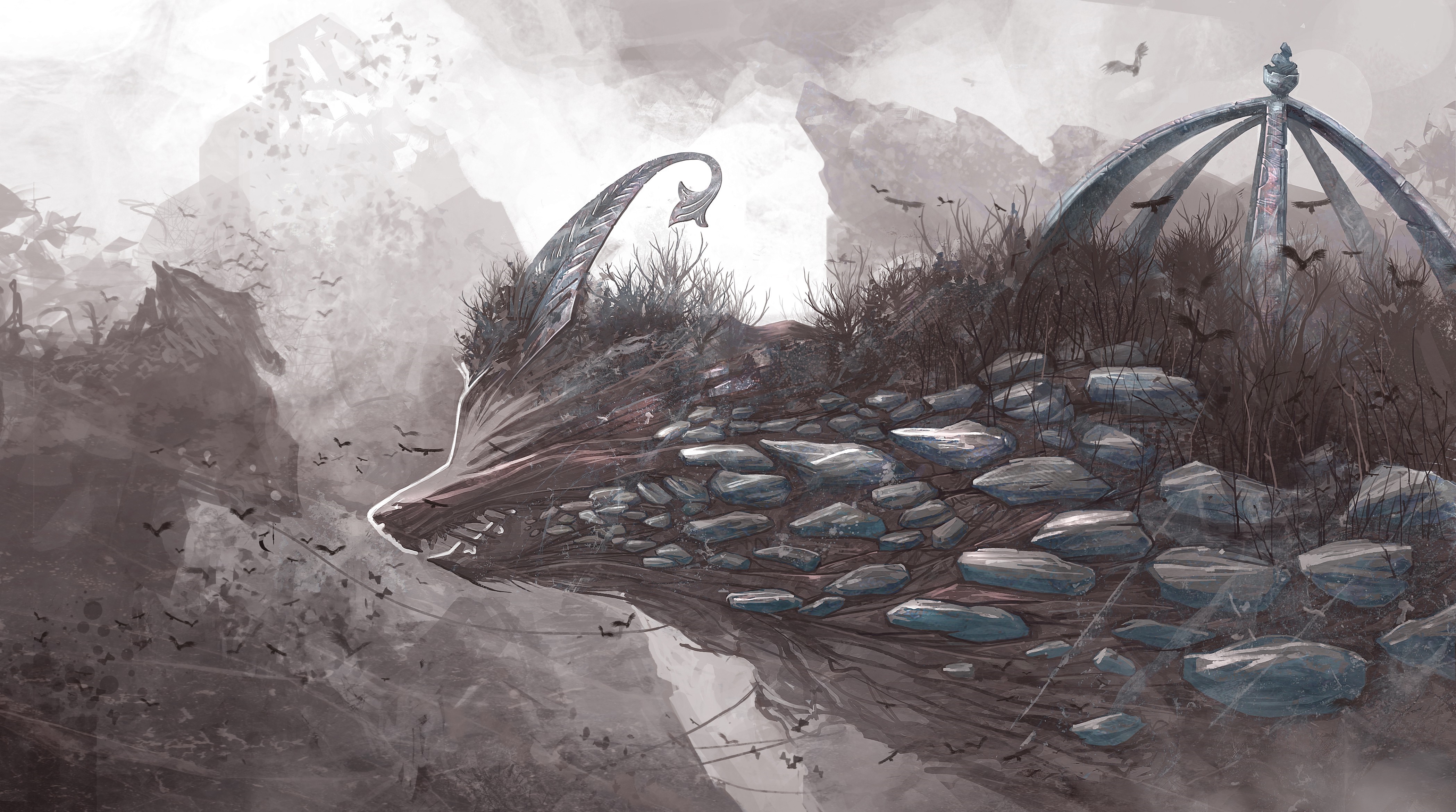 Fantasy creature with rocks and birds in a desolate landscape HD Wallpaper