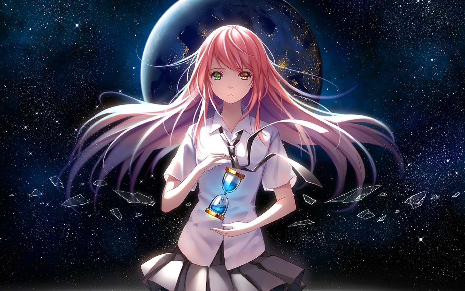 Anime girl with pink hair holding an hourglass in space HD Wallpaper