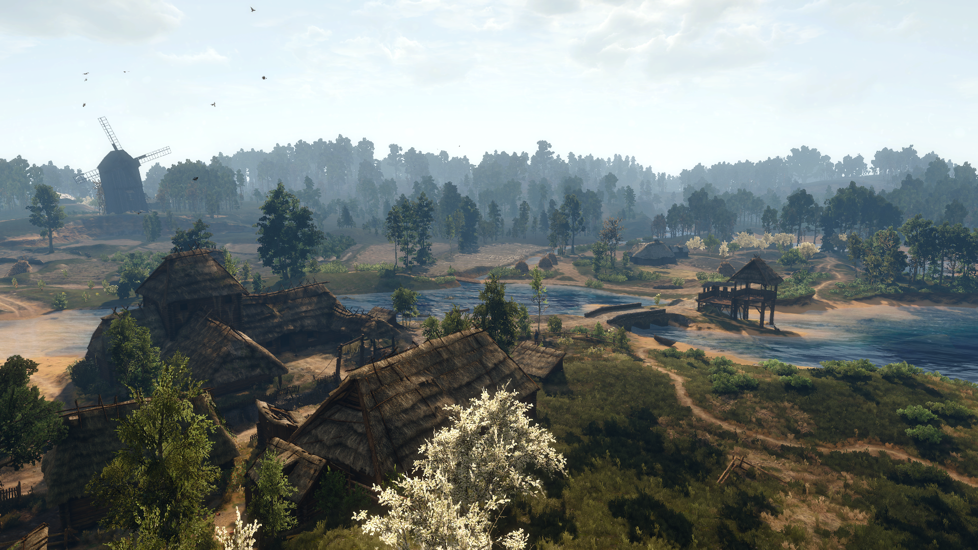 Village with windmill and river in The Witcher 3 Wild Hunt HD Wallpaper