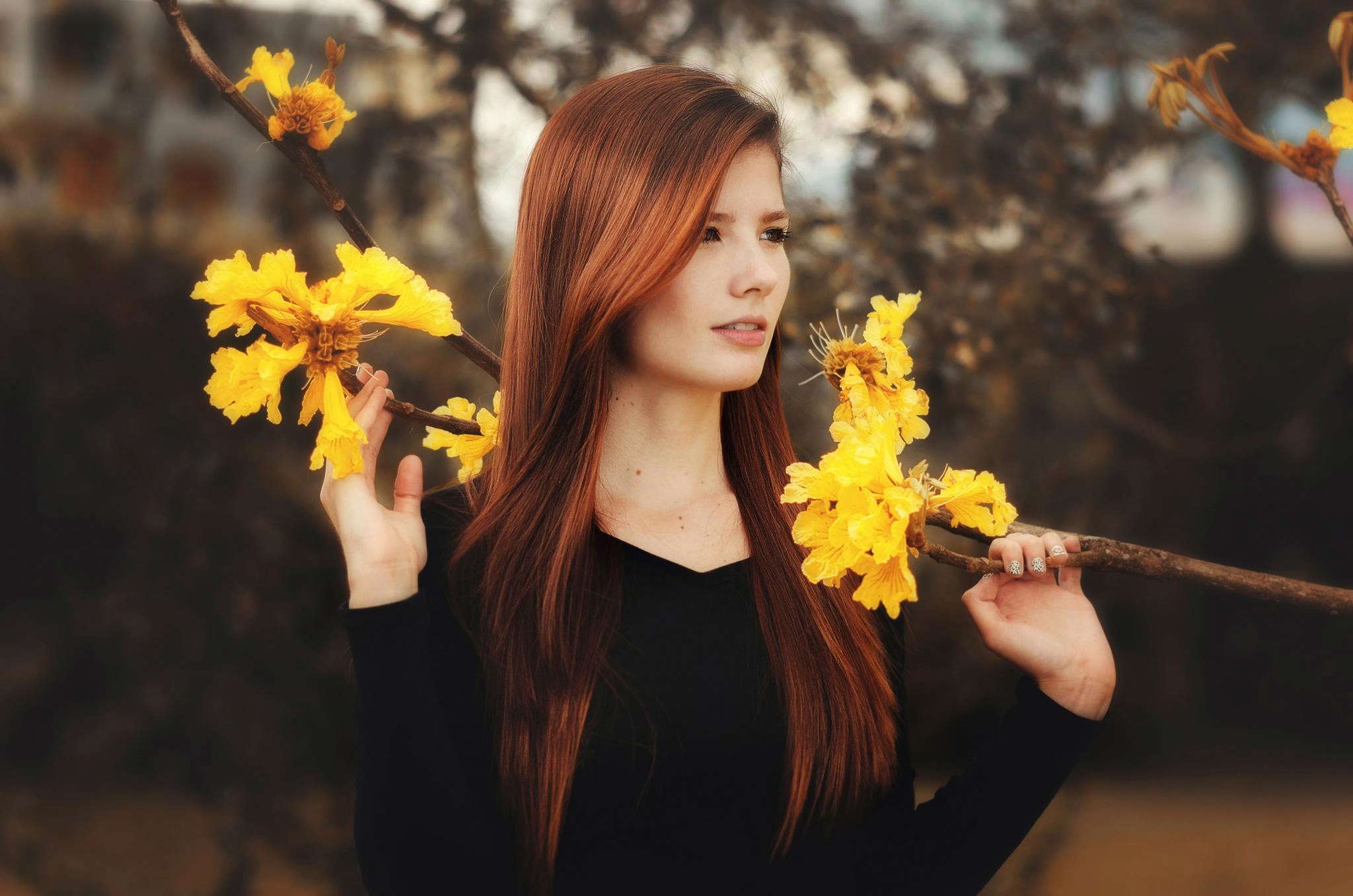 Woman with red hair and yellow flowers HD Wallpaper