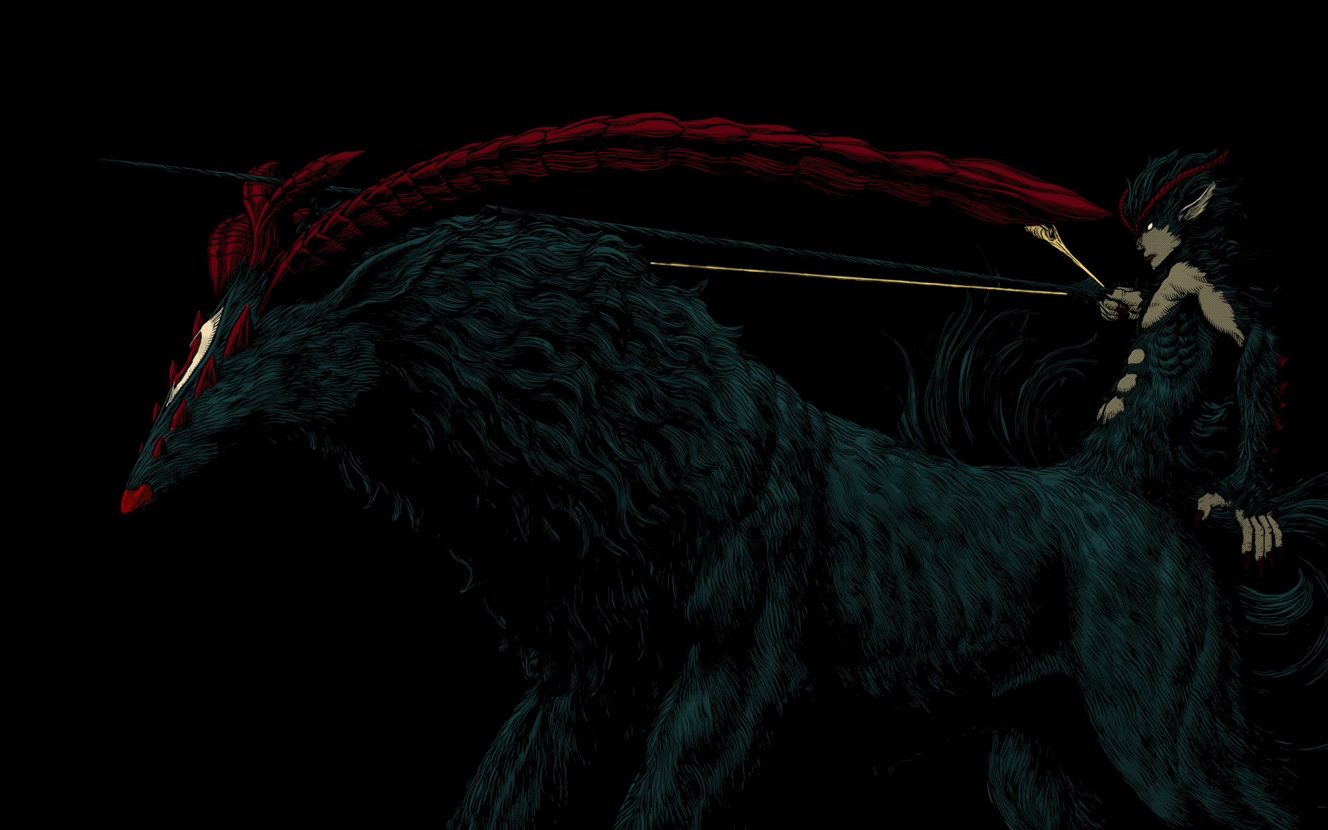 Illustration of a creature with a rider aiming a bow HD Wallpaper