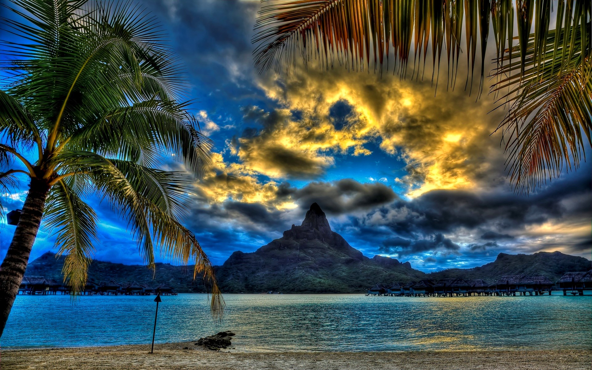 Tropical island with palm trees and overwater bungalows HD Wallpaper
