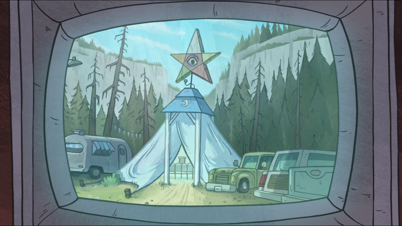 Illustration of a campsite with a tent and vehicles from Gravity Falls HD Wallpaper