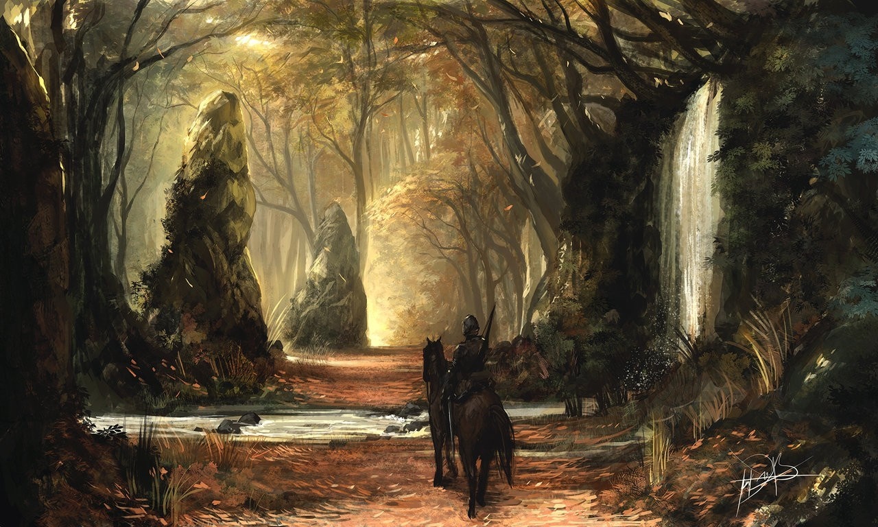 Knight on horseback in an autumn forest with a waterfall HD Wallpaper