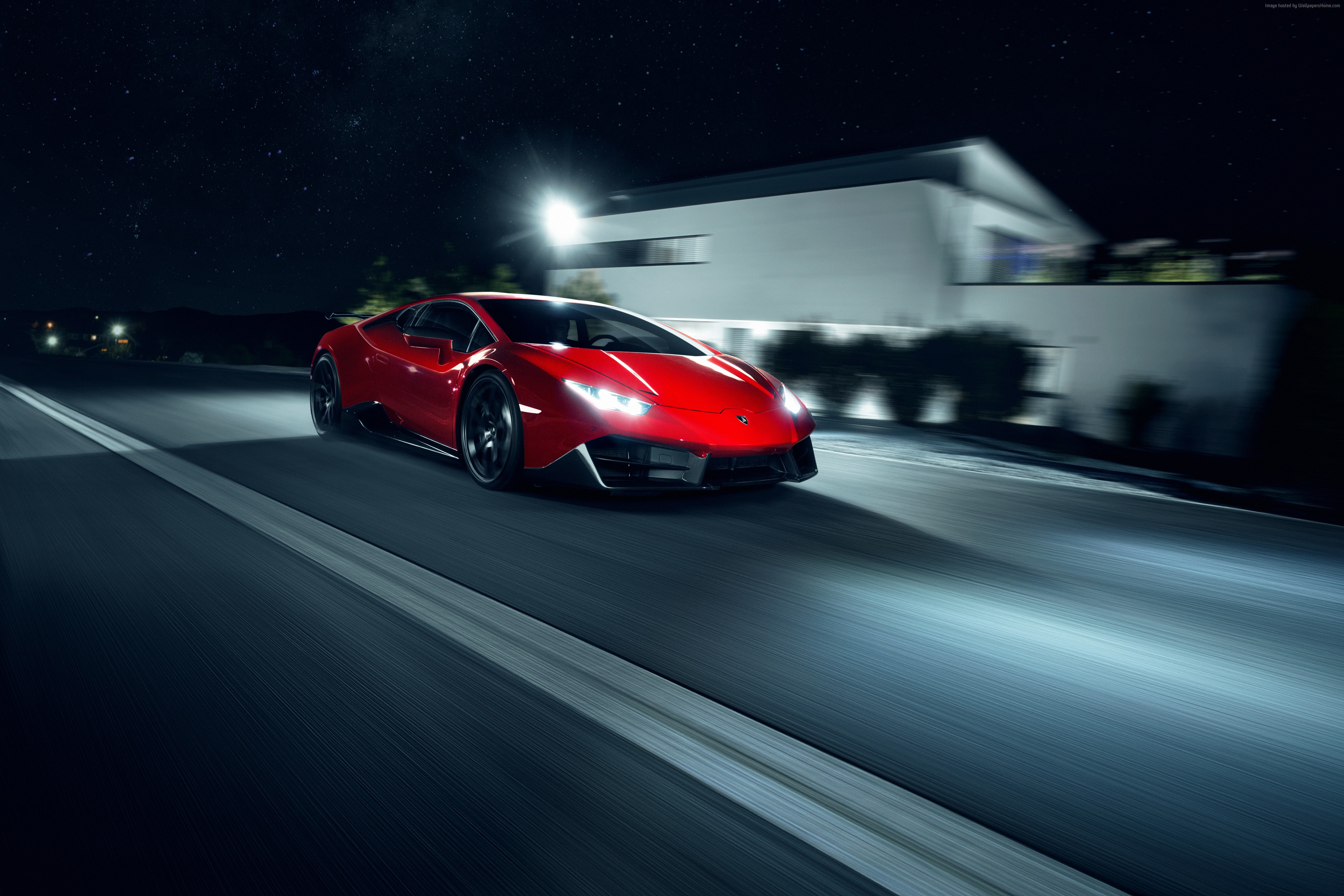 Red Novitec Torado Lamborghini Huracán LP 580-2 driving at night HD Wallpaper