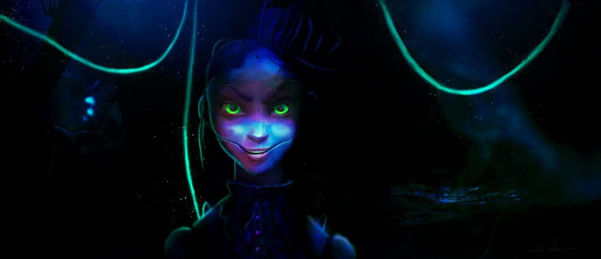 A character with glowing green eyes in a dark, futuristic setting HD Wallpaper
