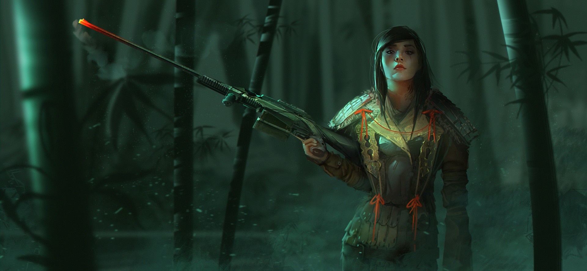 Woman warrior with rifle in bamboo forest HD Wallpaper