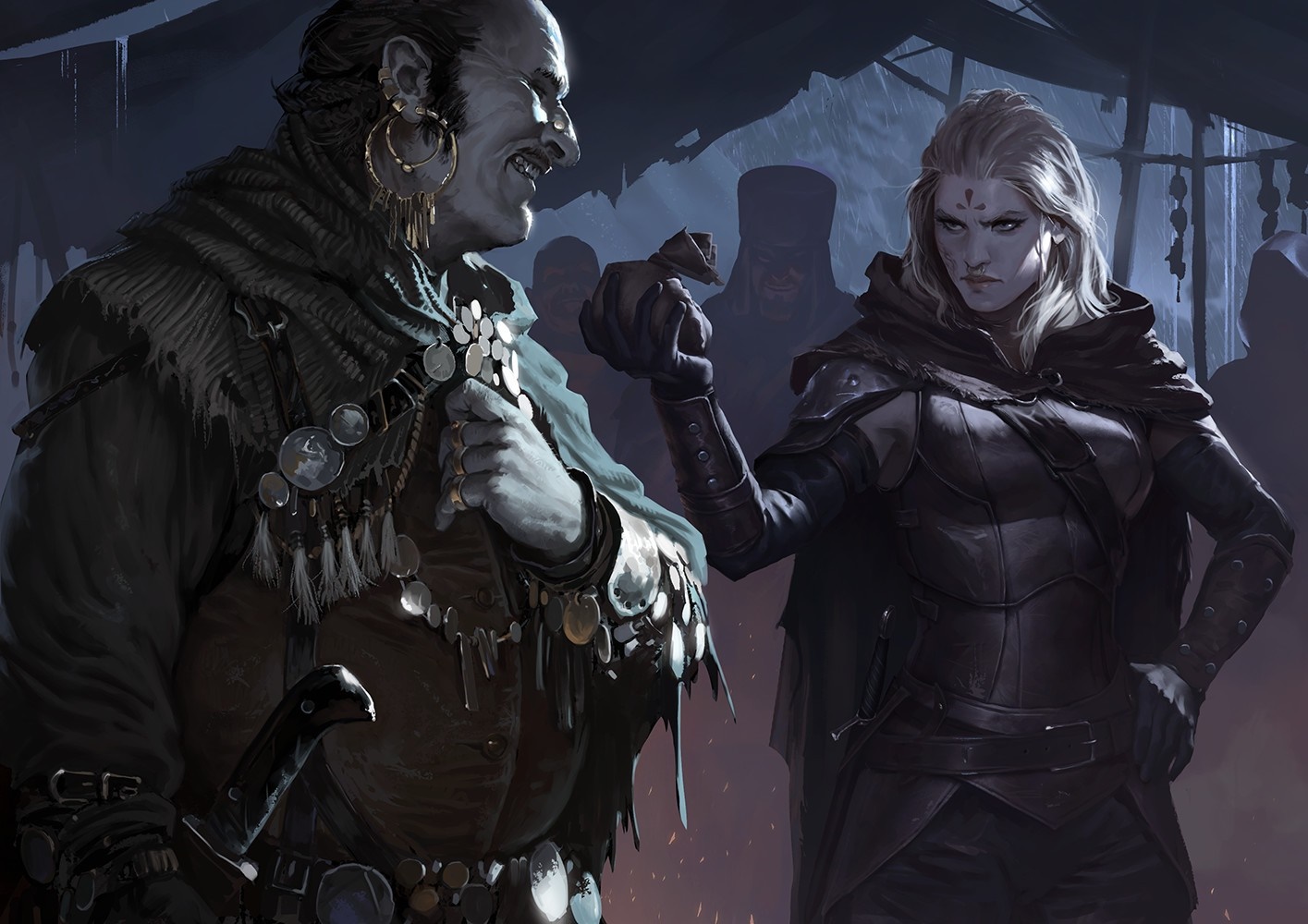 Fantasy art of a merchant and a warrior in a market HD Wallpaper