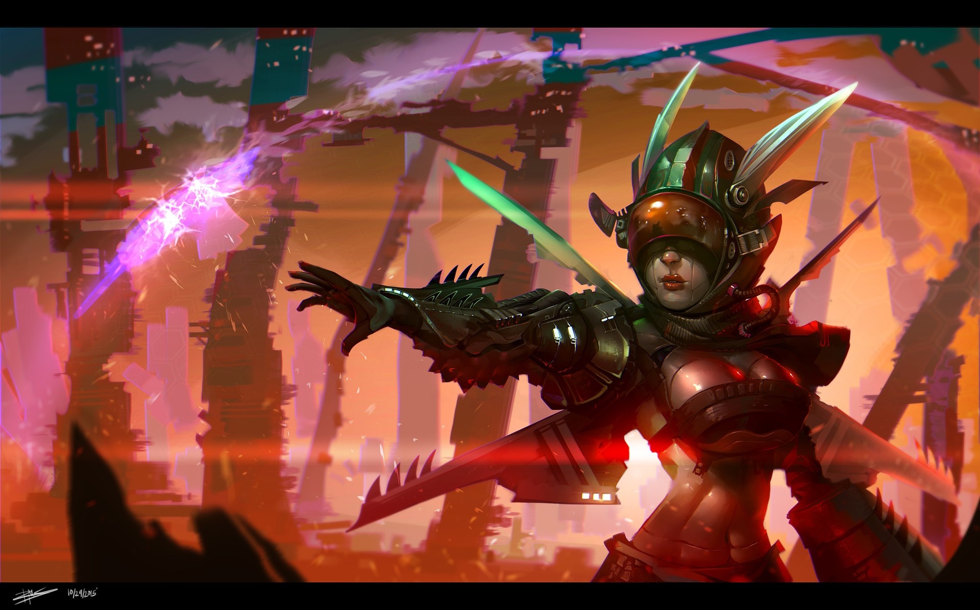 Futuristic warrior with energy blast in city HD Wallpaper